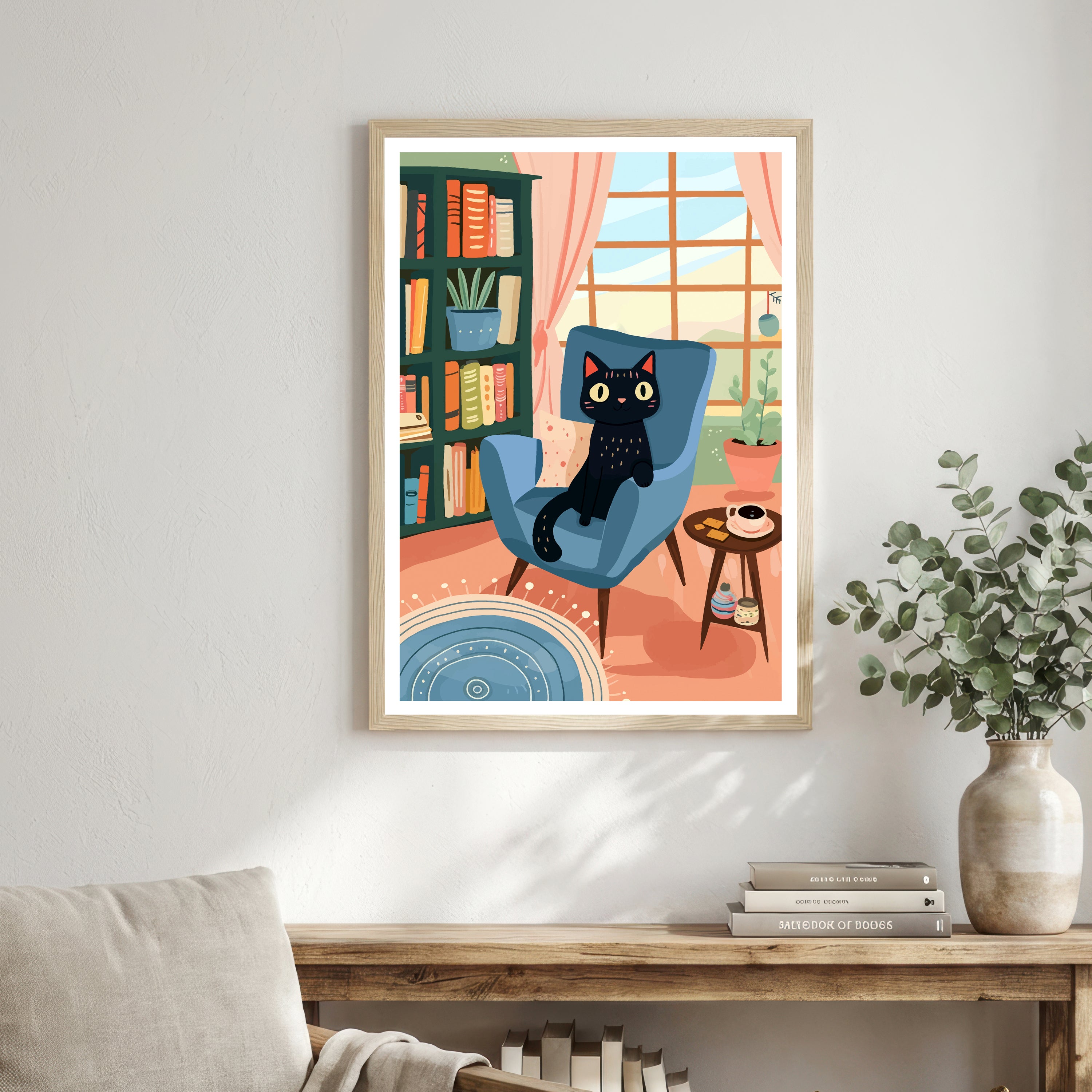Black Cat Cozy Reading Nook Art Print