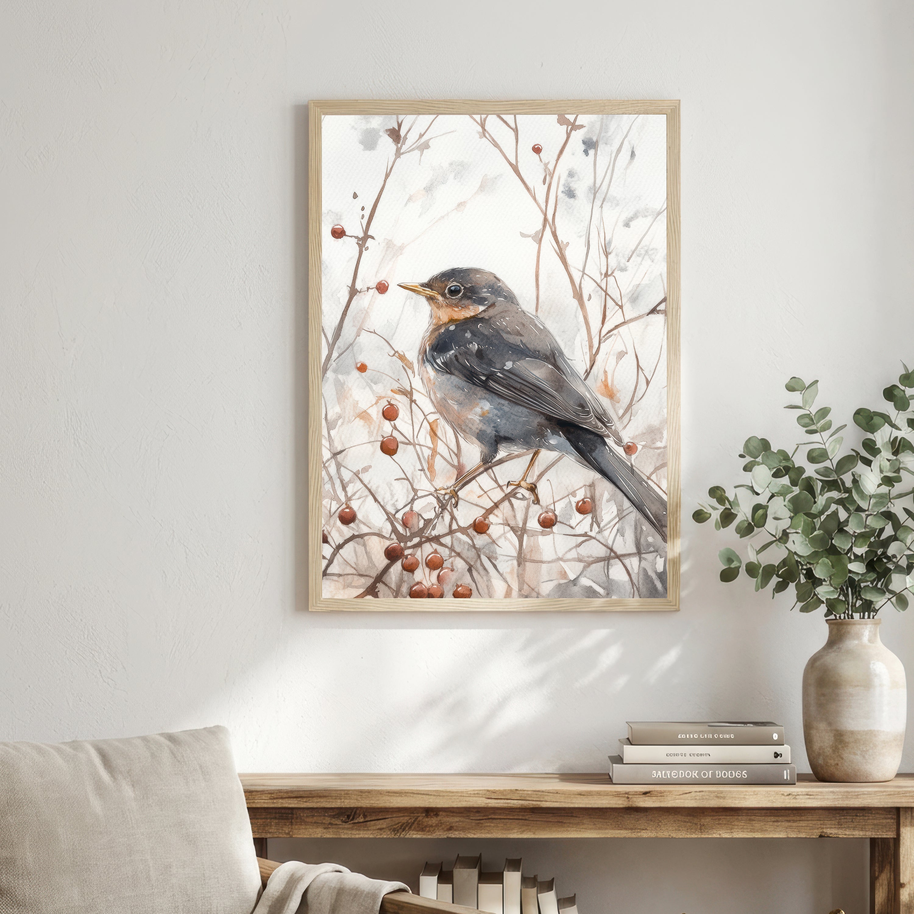 Blackbird Winter Berries Art Print