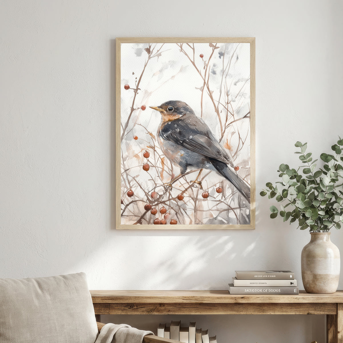 Blackbird Winter Berries Art Print