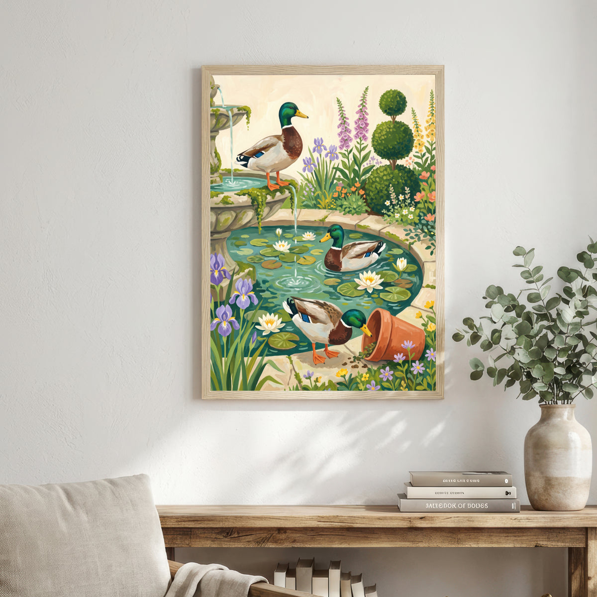 Ducks in Garden Pond Art Print