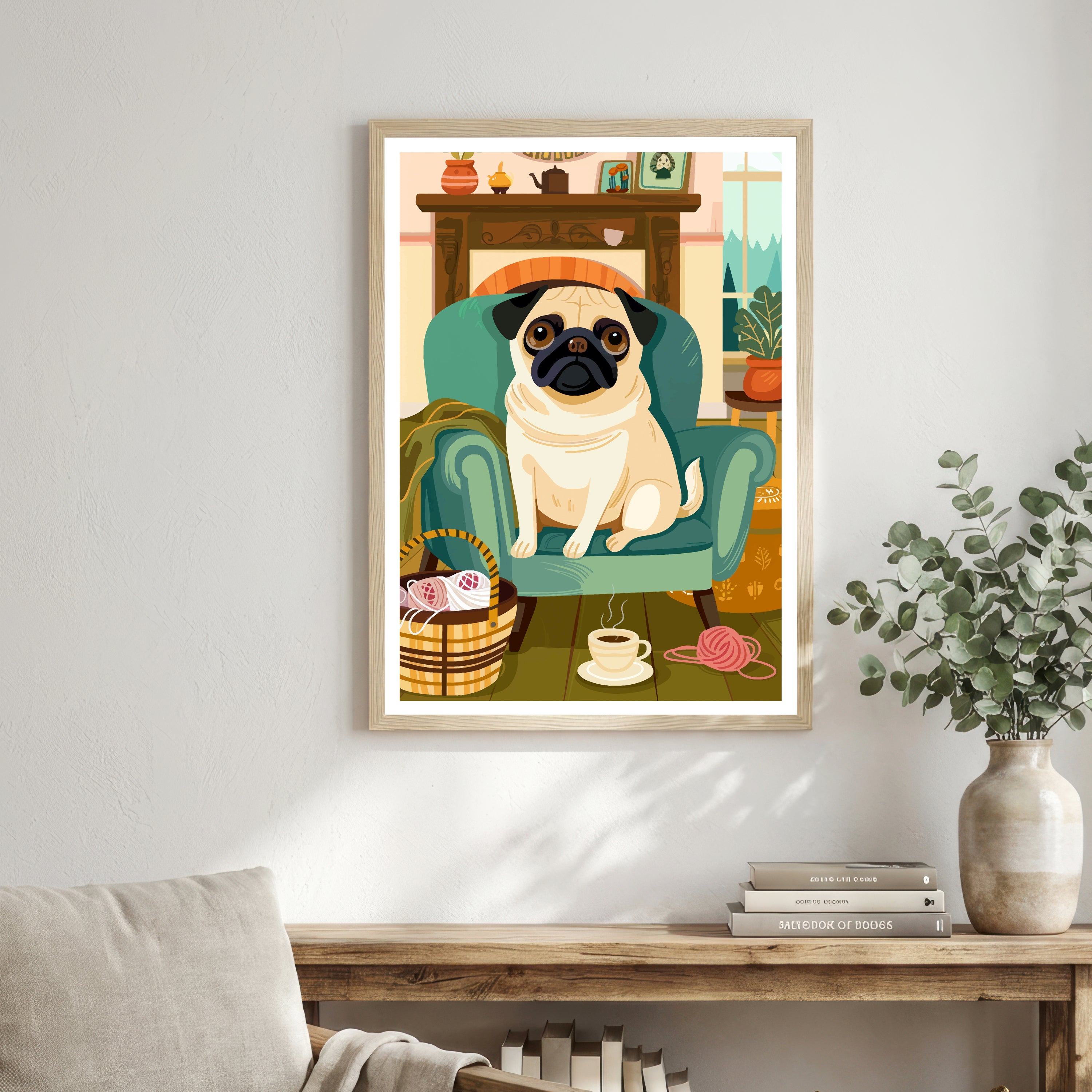 Cozy Pug Armchair Art Print