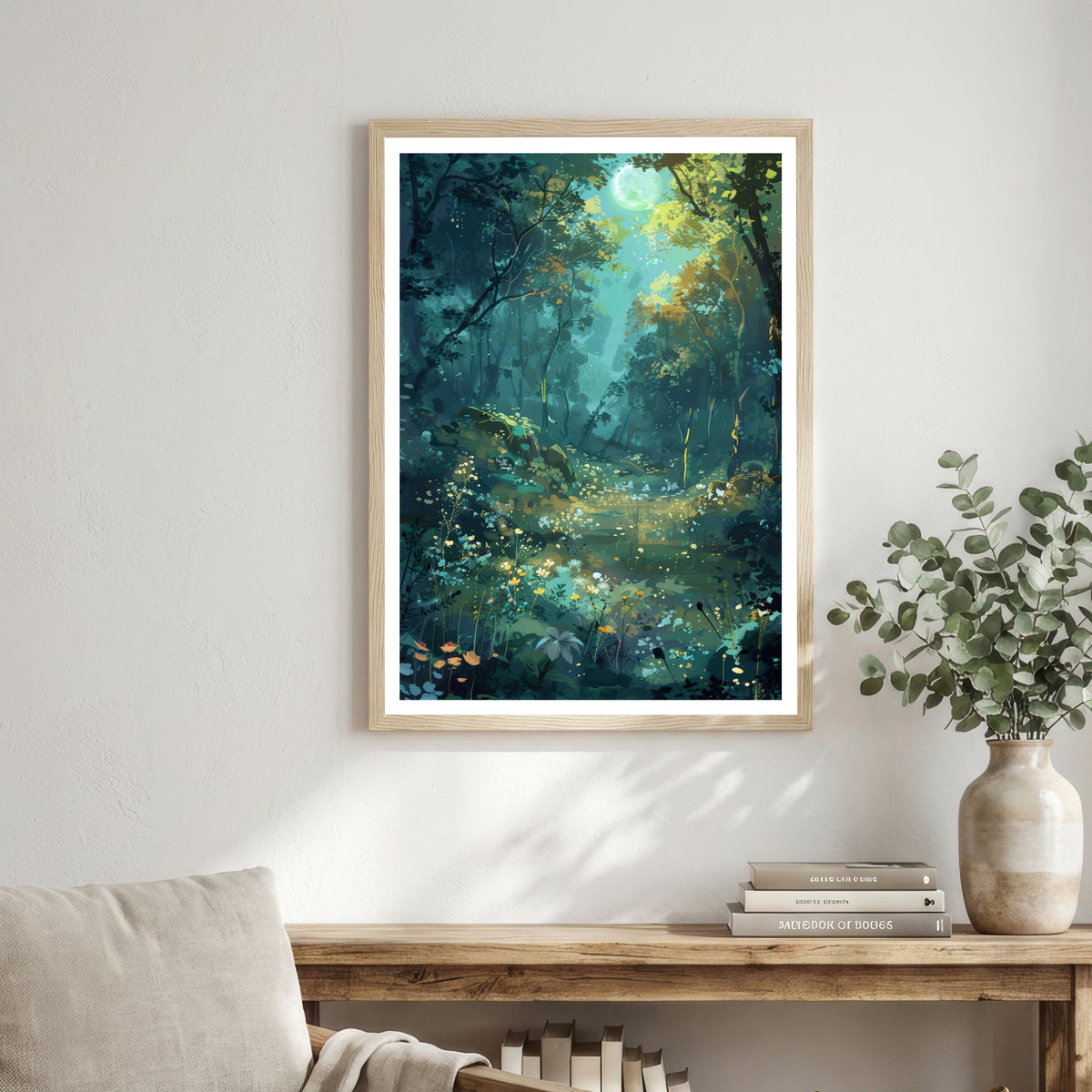 Moonlit Woodland Pond Art Print
