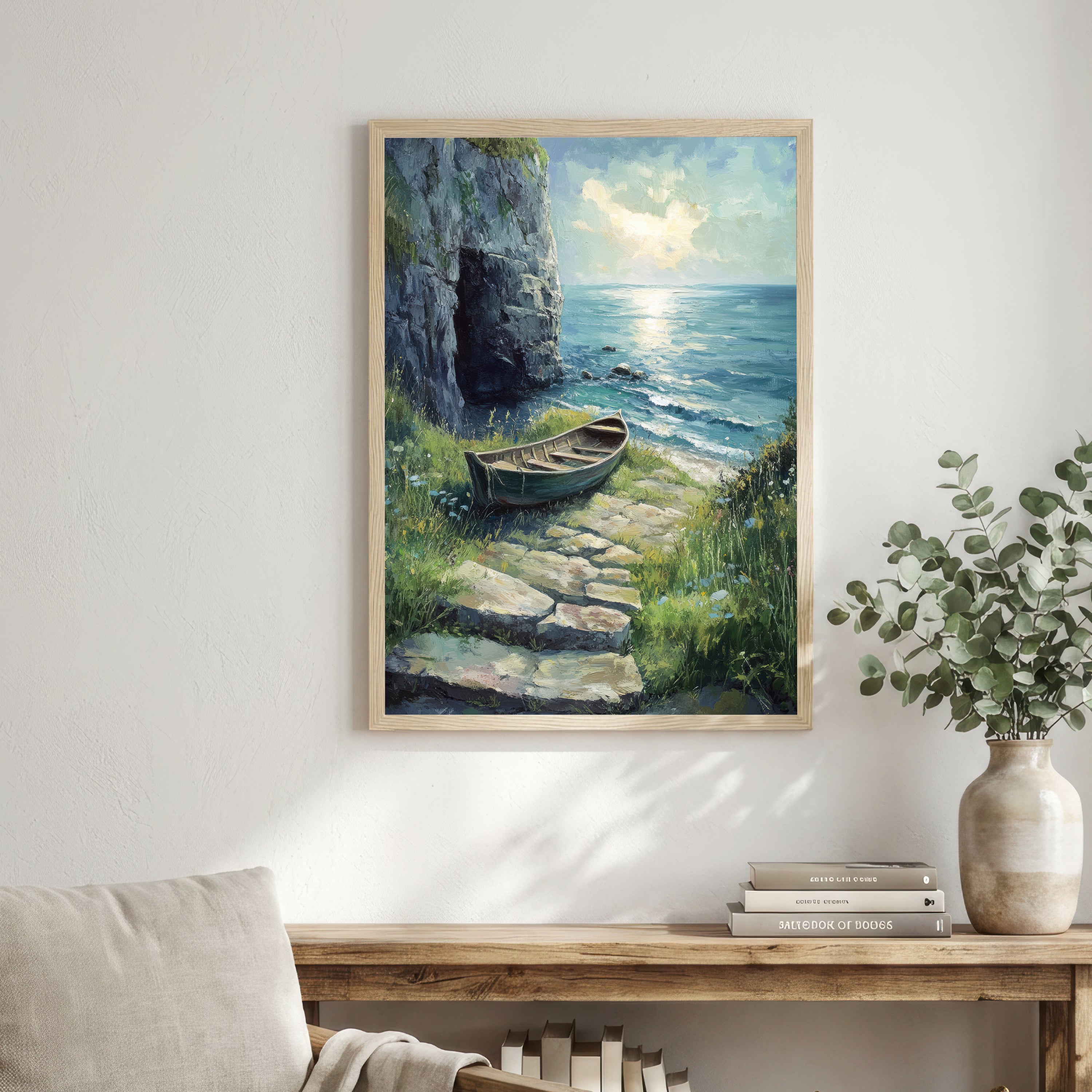 Coastal Cliff Rowboat Art Print