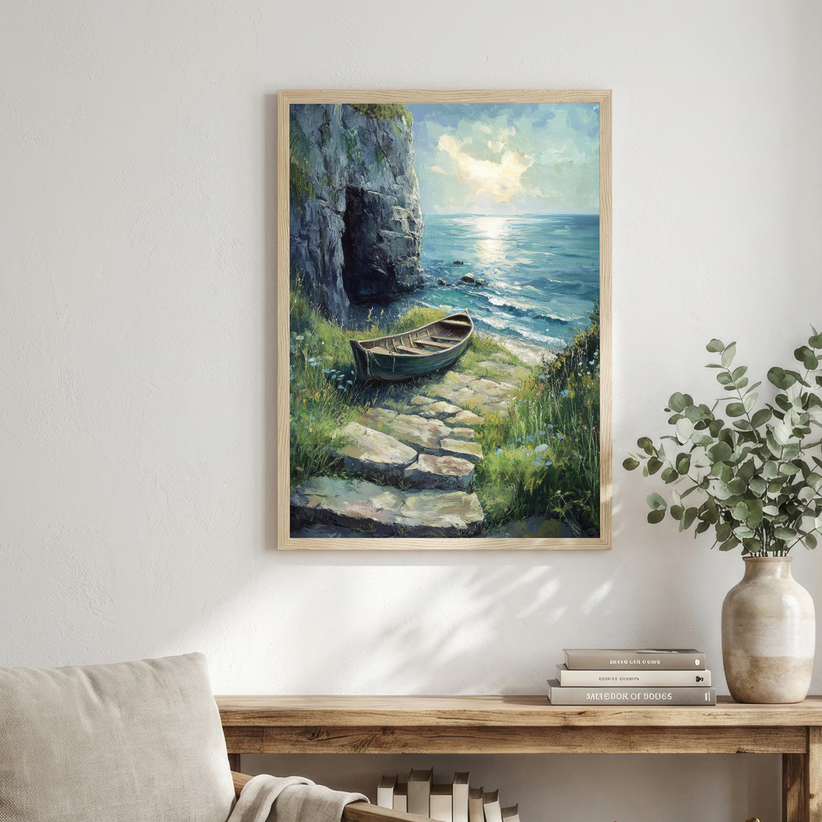 Coastal Cliff Rowboat Art Print
