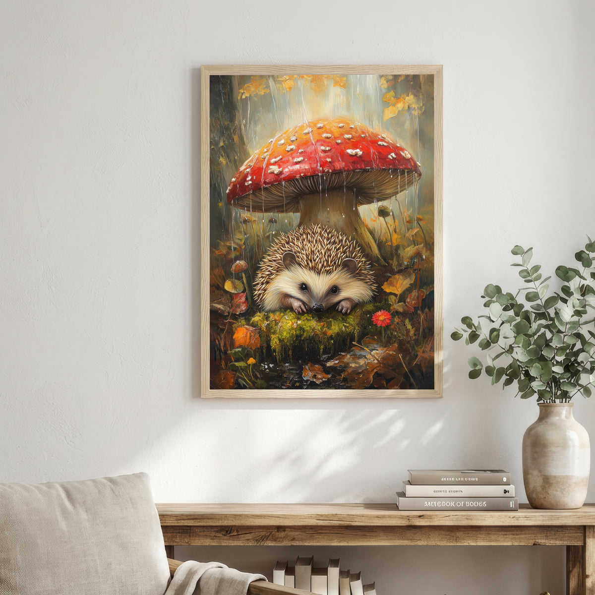 Hedgehog Under Mushroom Art Print