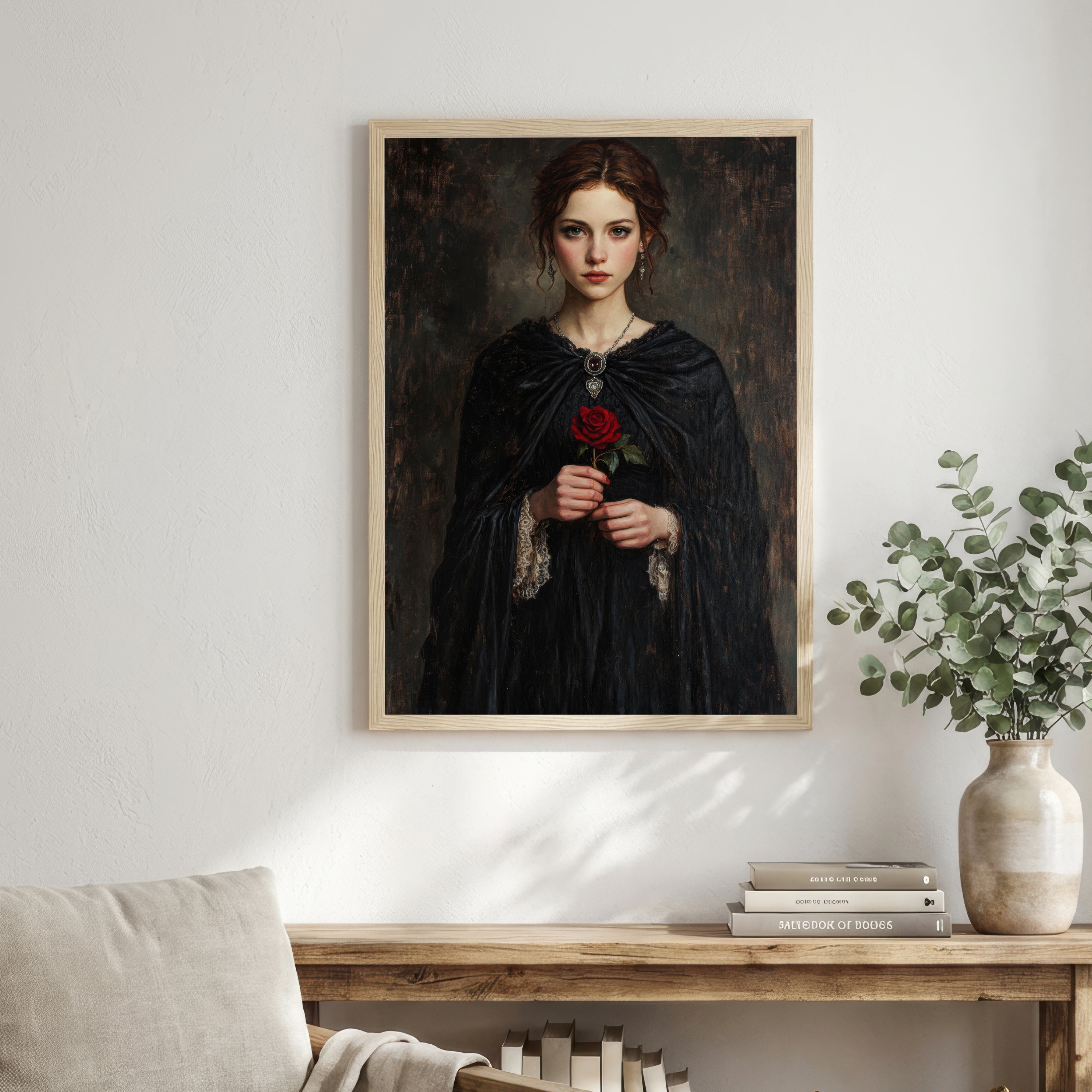 Gothic Woman with Red Rose Art Print