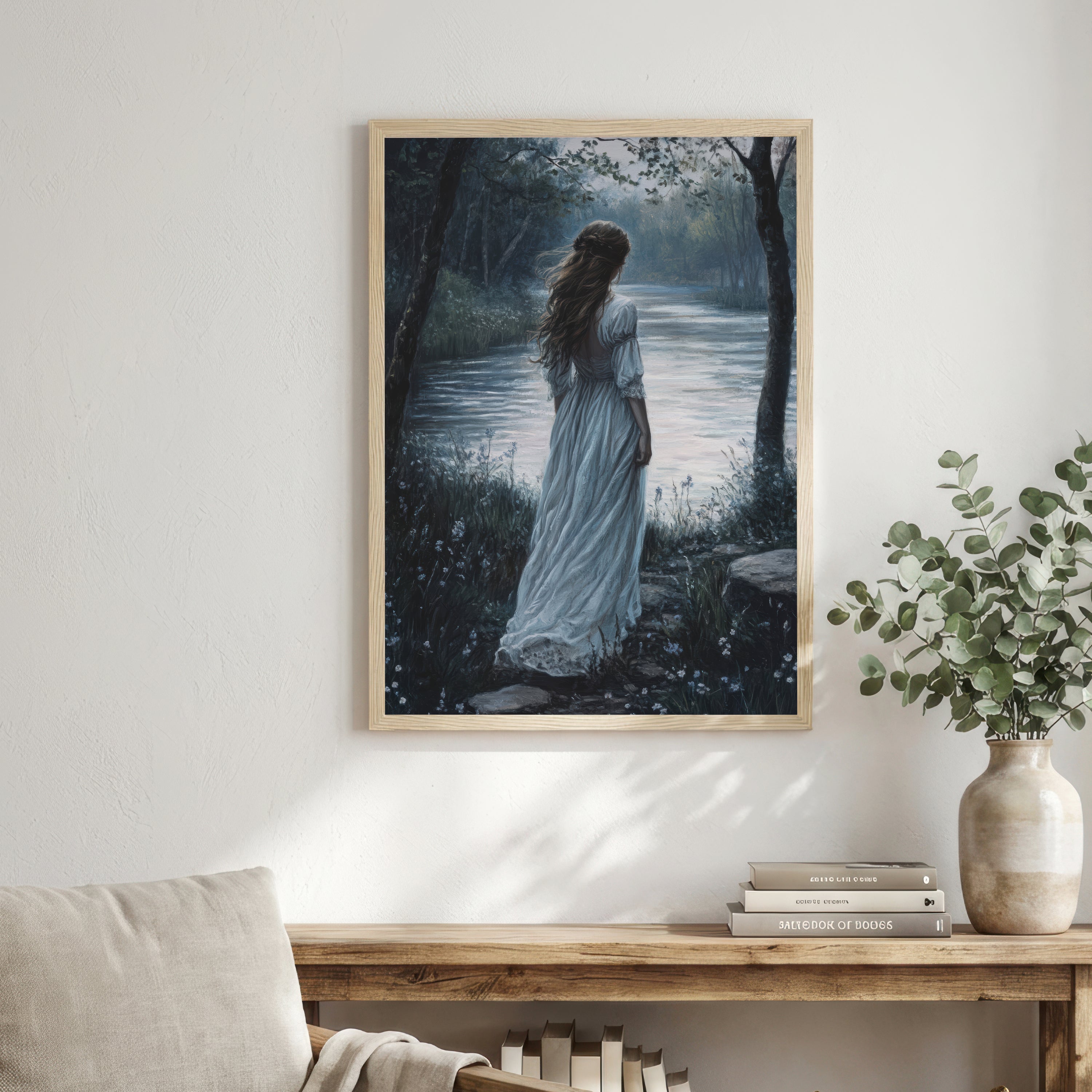 Woman by Woodland Lake Art Print