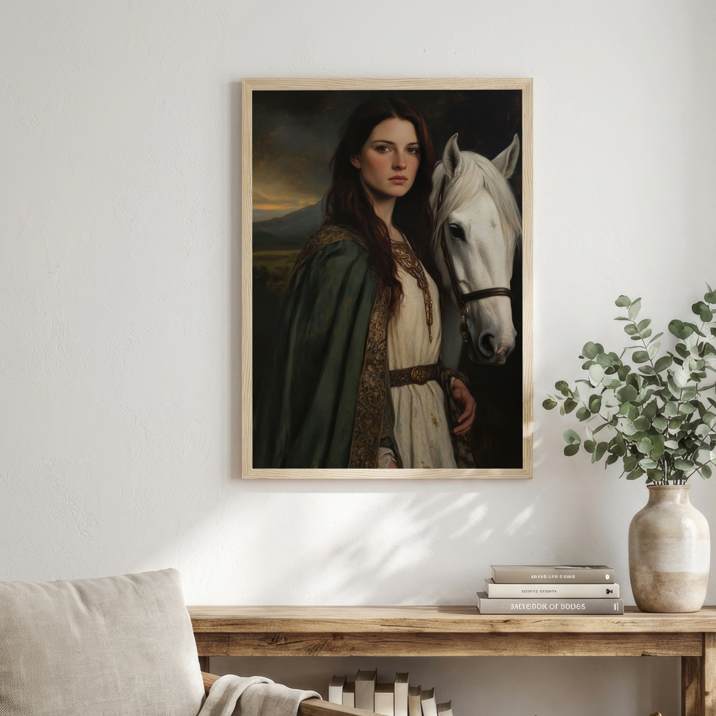 Medieval Woman and White Horse Art Print
