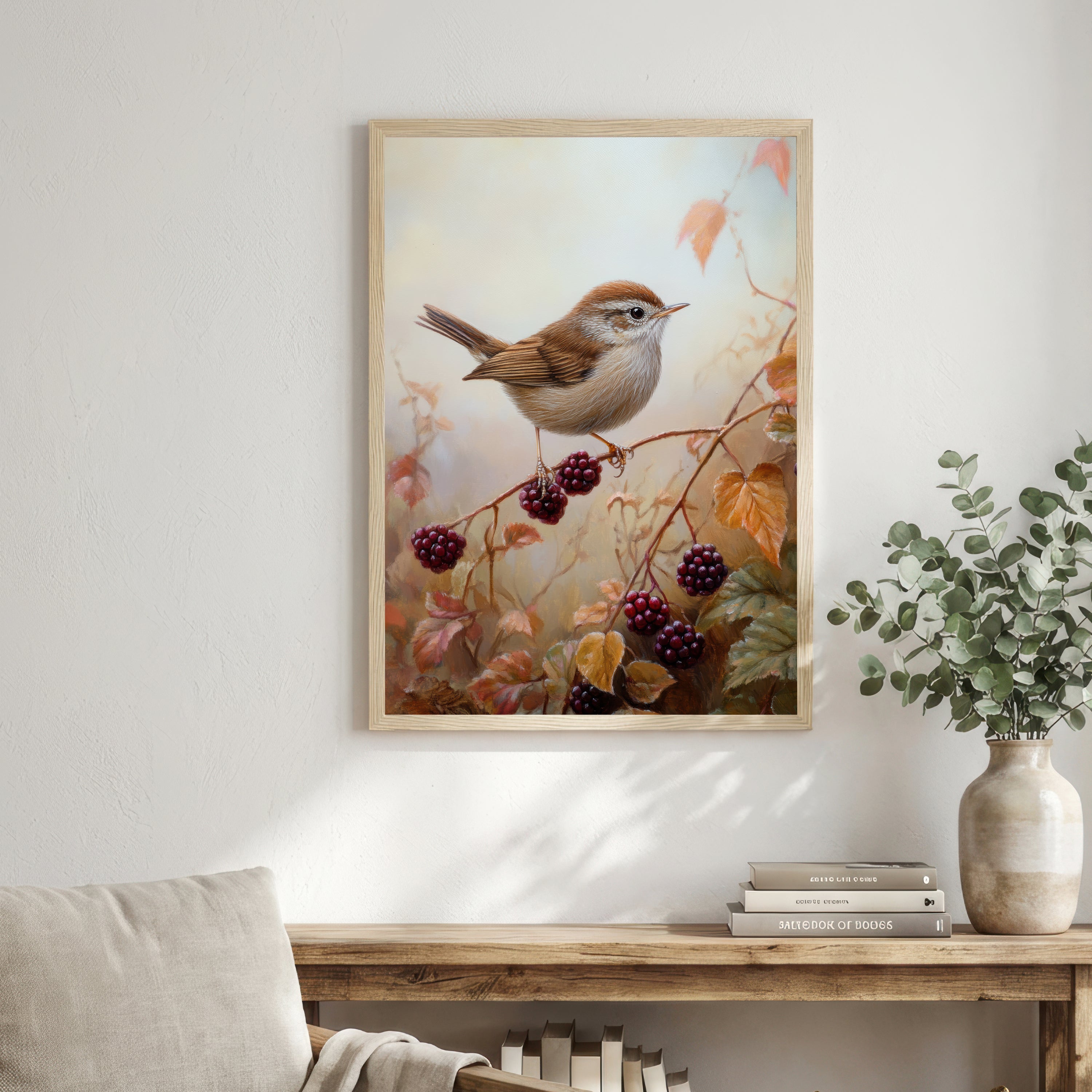 Wren and Blackberry Botanical Art Print