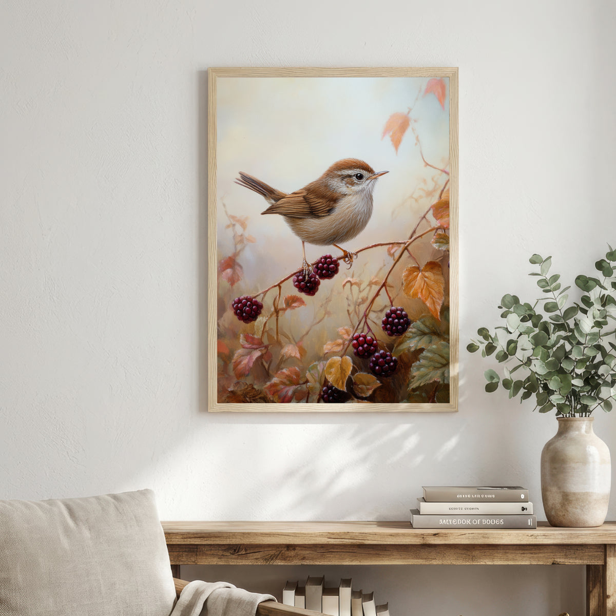 Wren and Blackberry Botanical Art Print