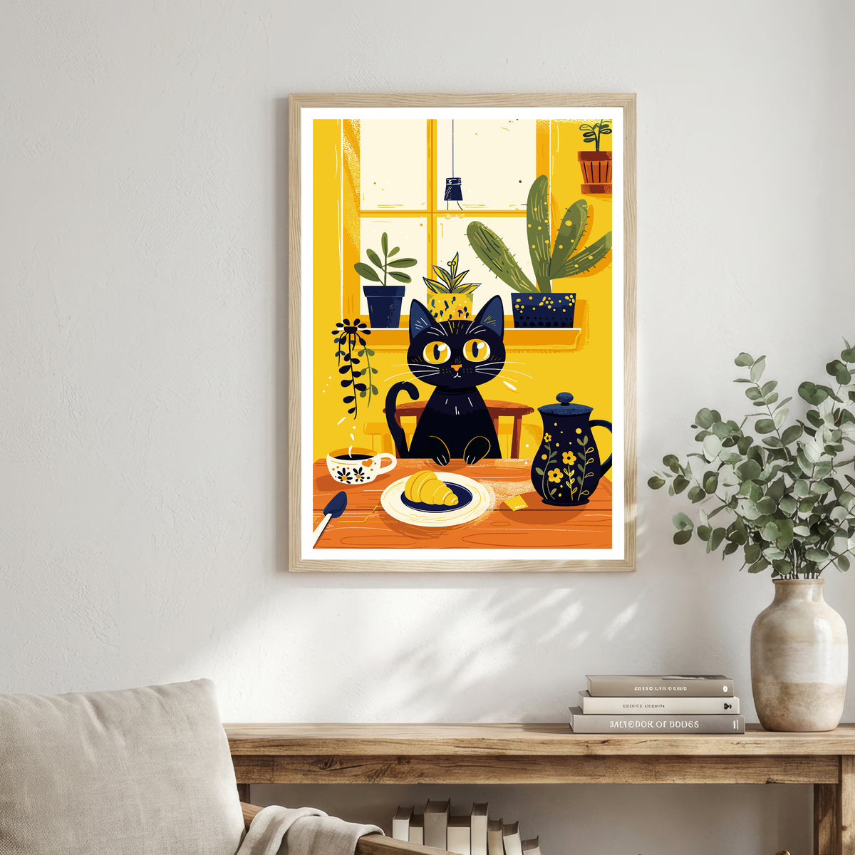 Black Cat Breakfast Art Print