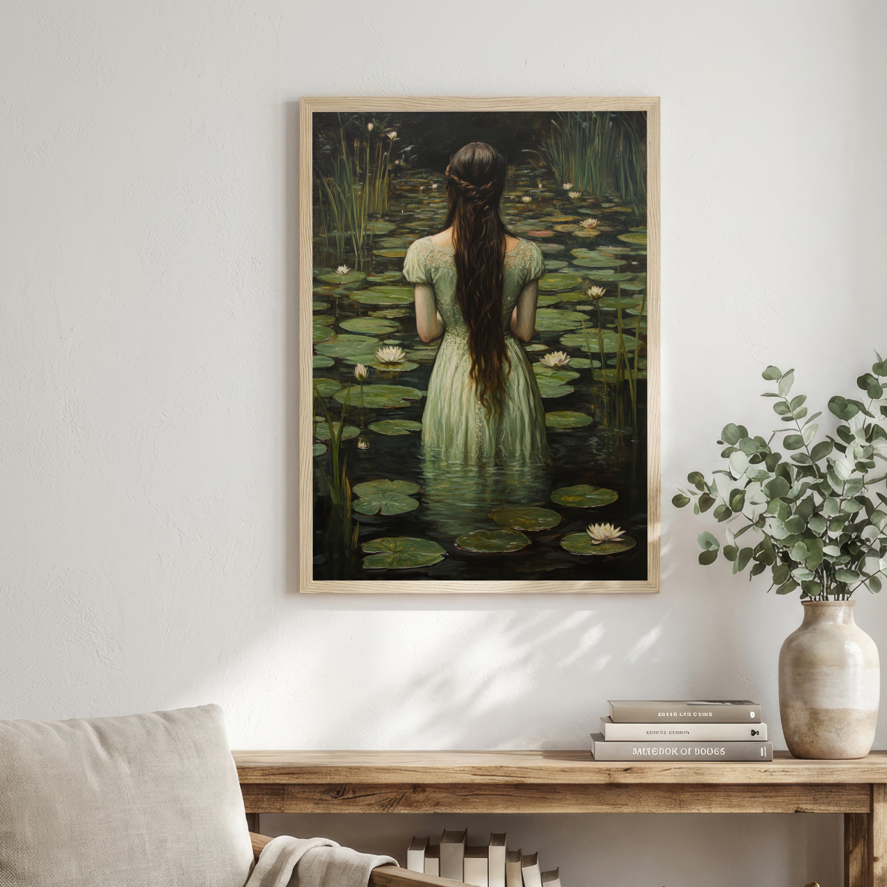 Woman in Water Lily Pond Art Print