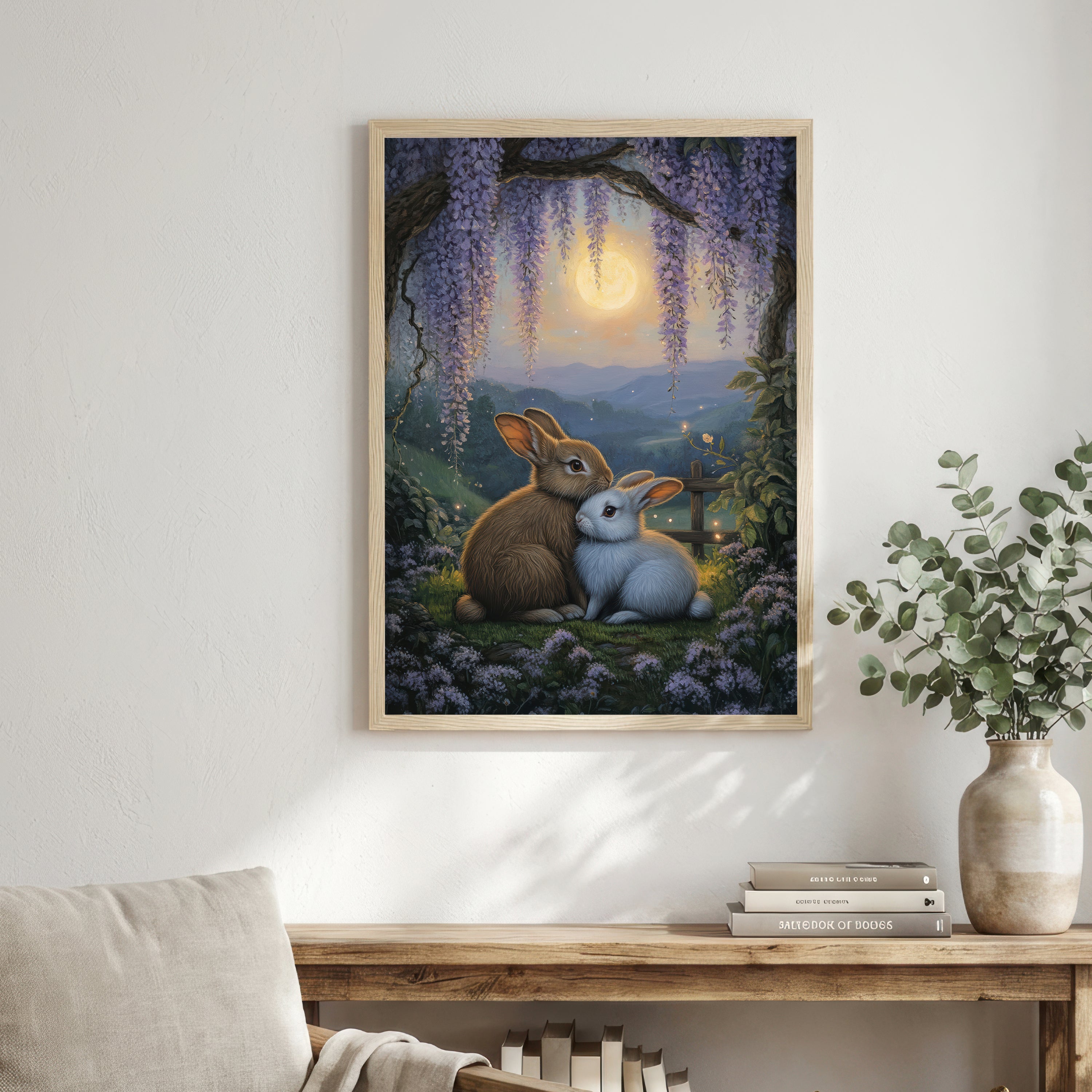 Moonlit Rabbit Pair Art Print