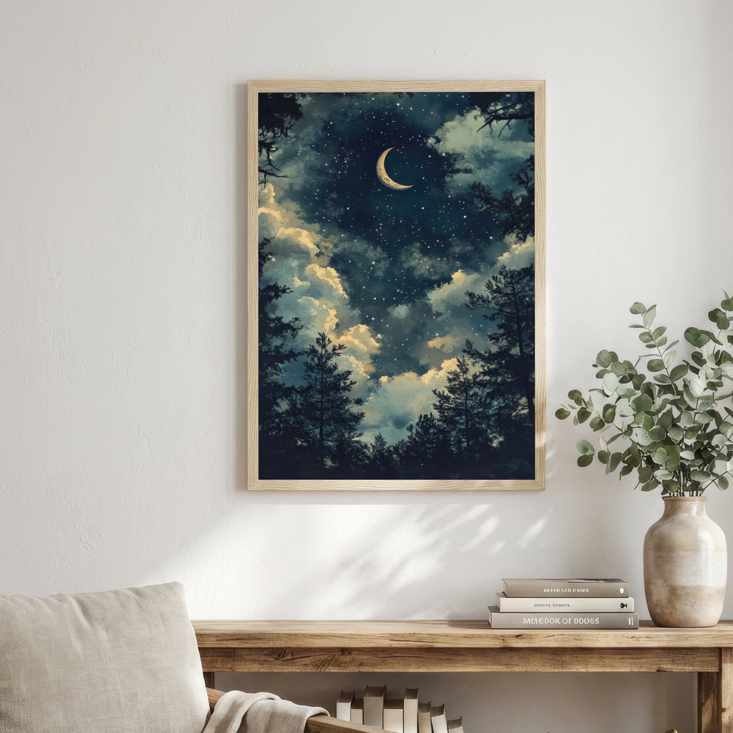 Moonlit Forest Crescent Moon Art Print