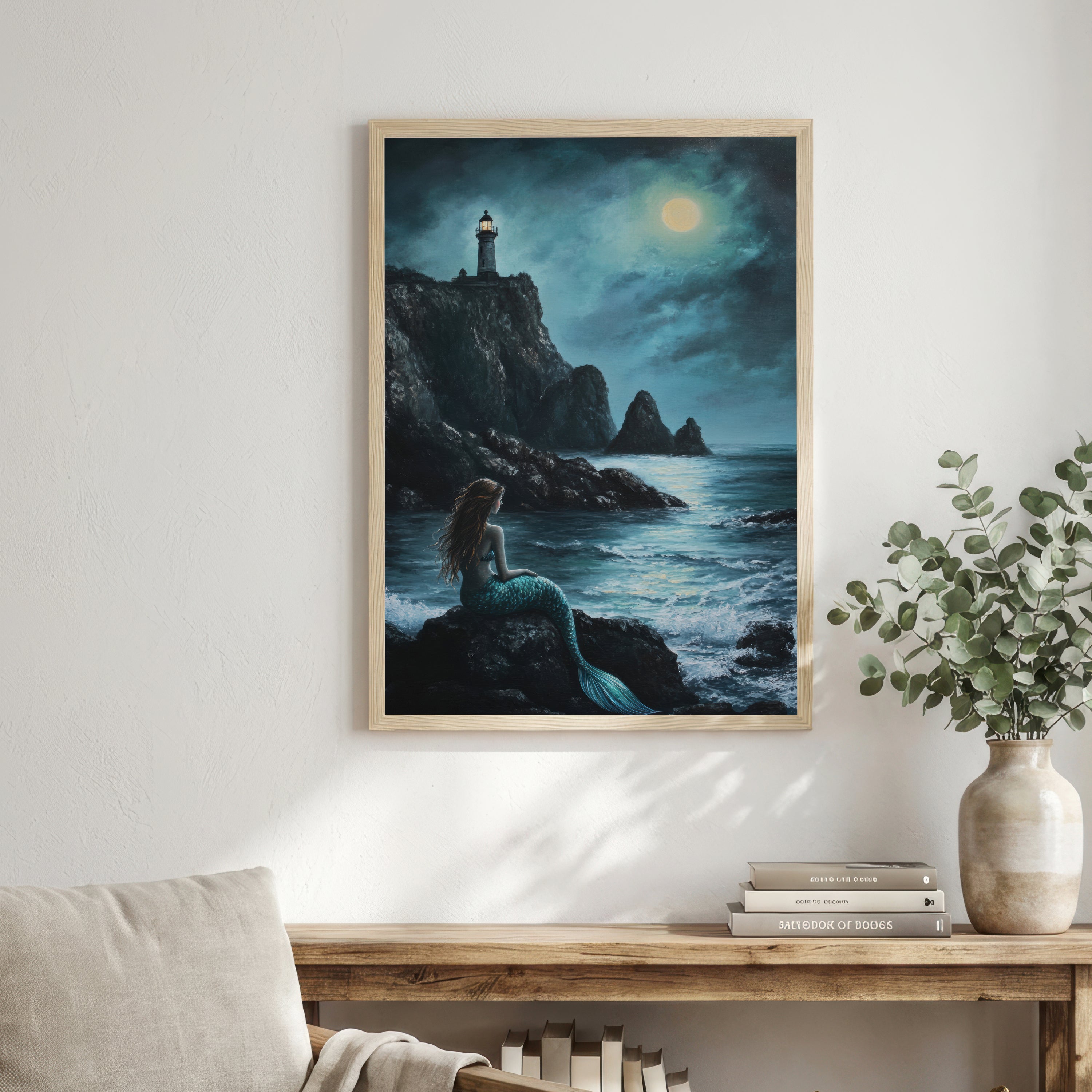 Mermaid Lighthouse Moonlight Art Print