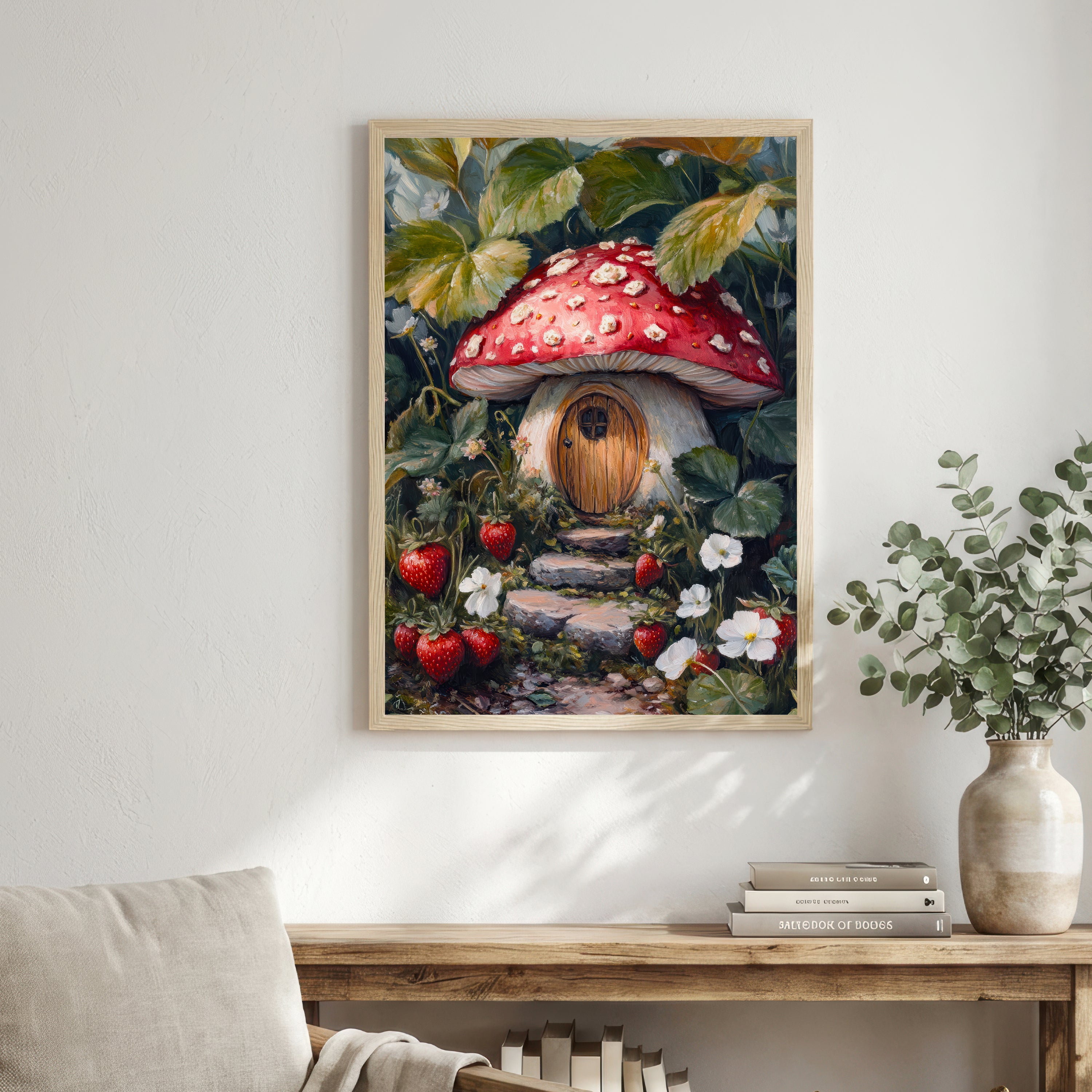 Strawberry Mushroom Cottage Art Print