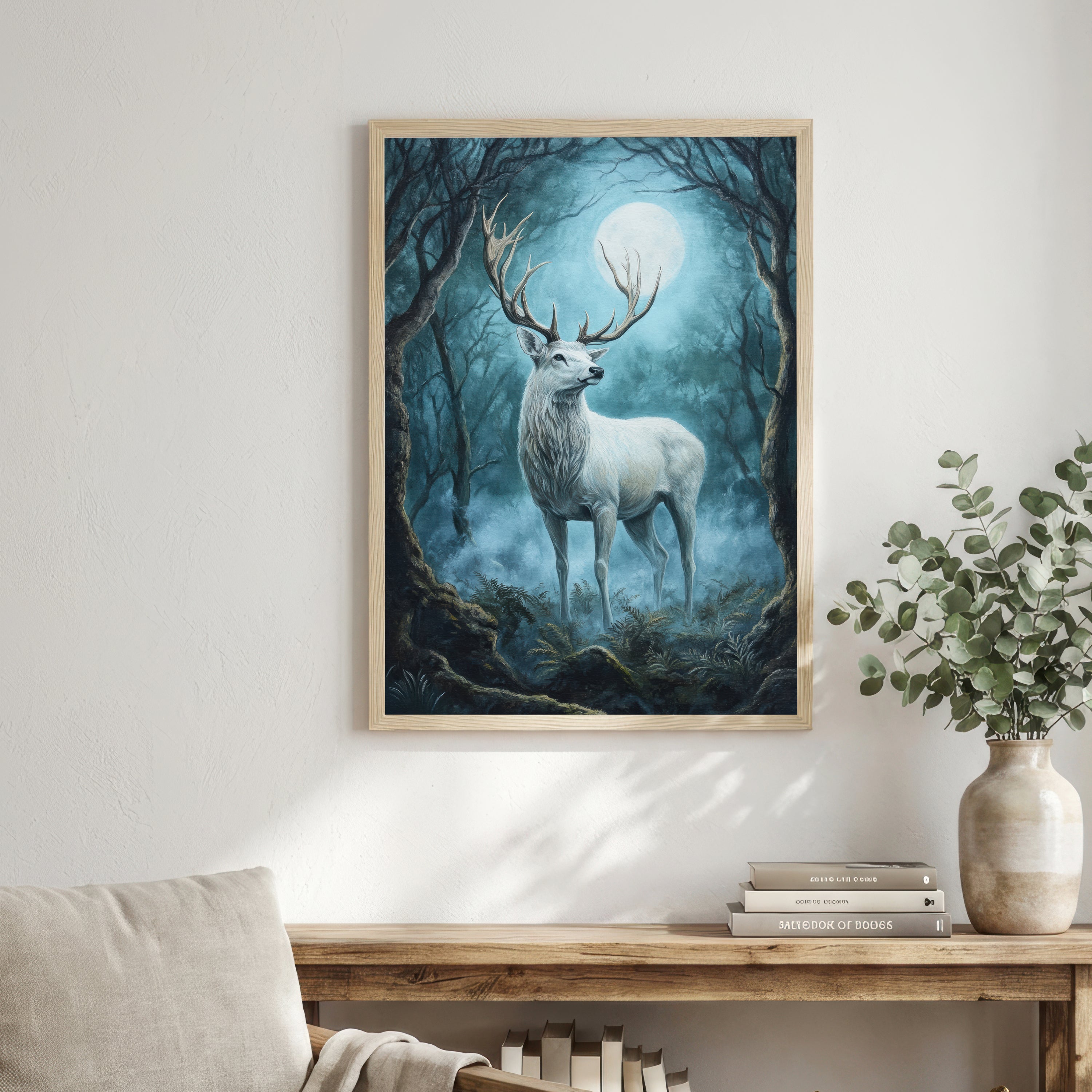 White Stag Moonlit Forest Art Print