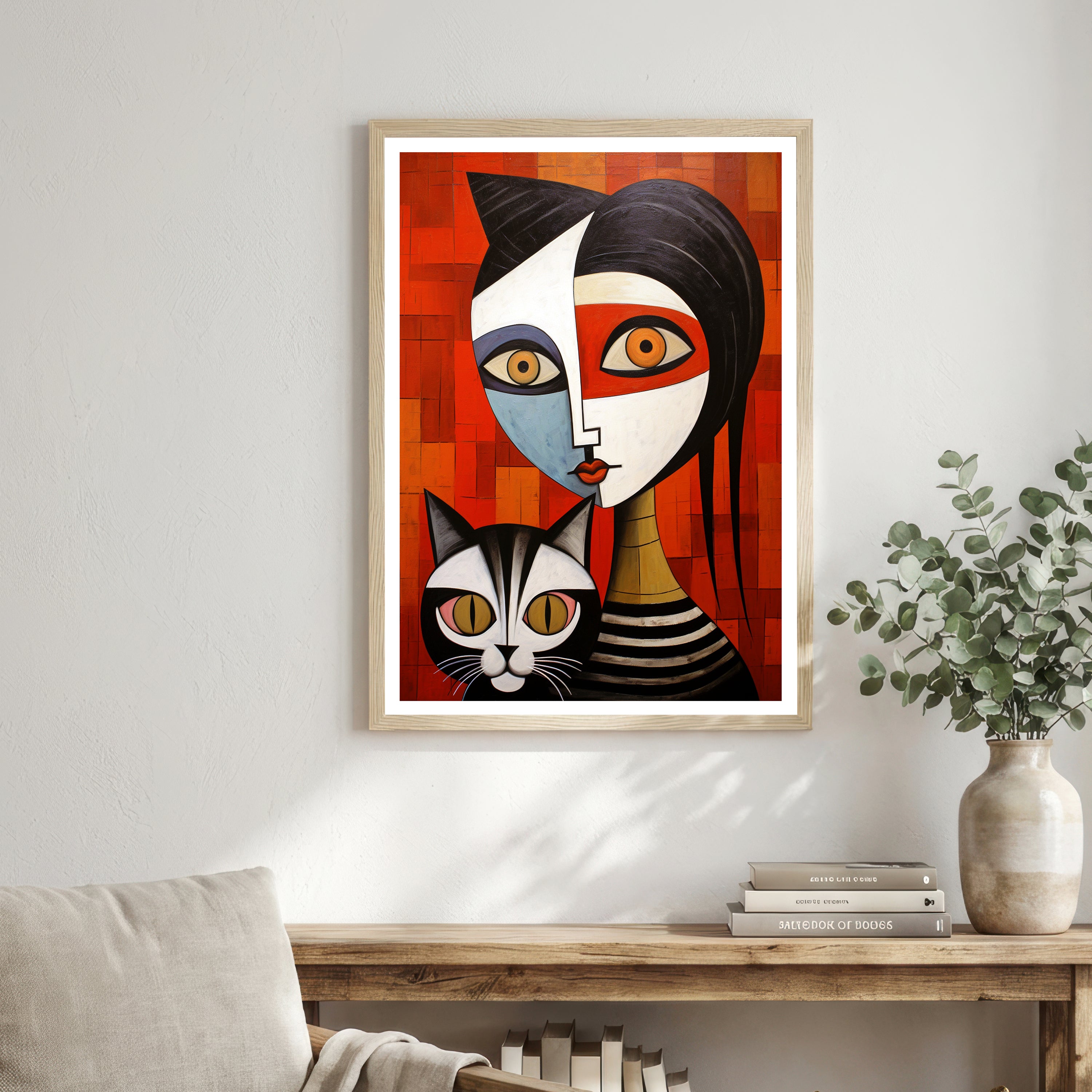 Geometric Woman and Cat Art Print