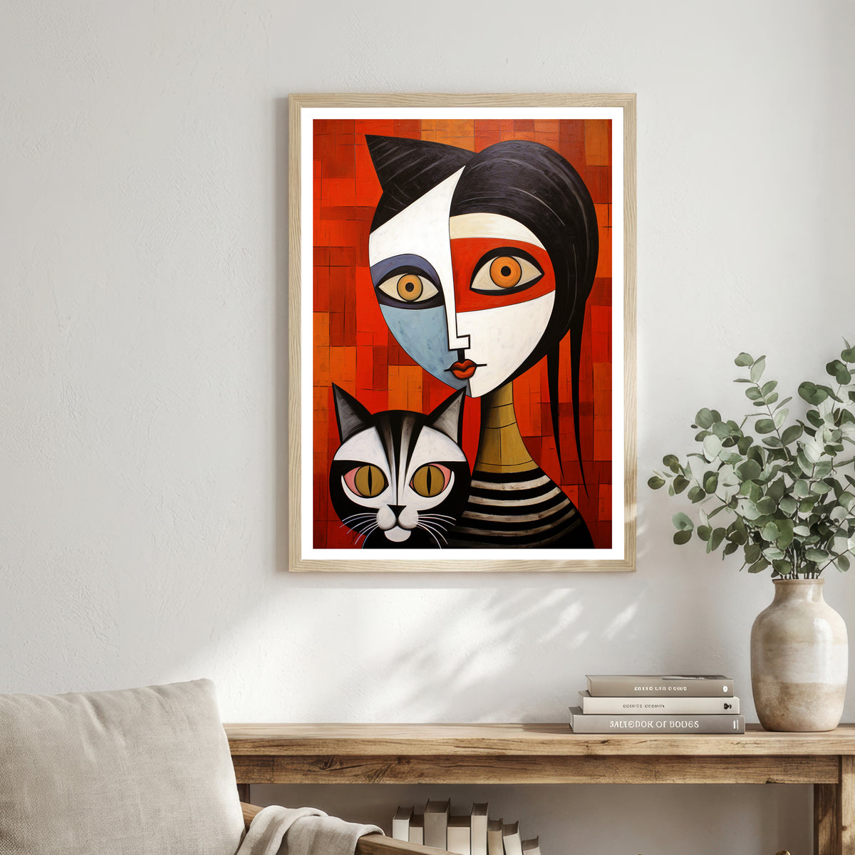 Geometric Woman and Cat Art Print