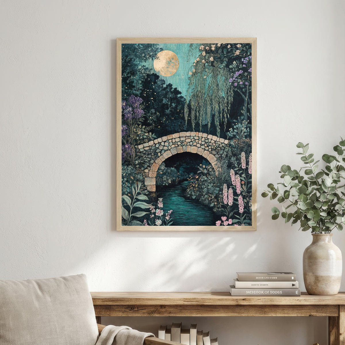 Moonlit Garden Bridge Art Print