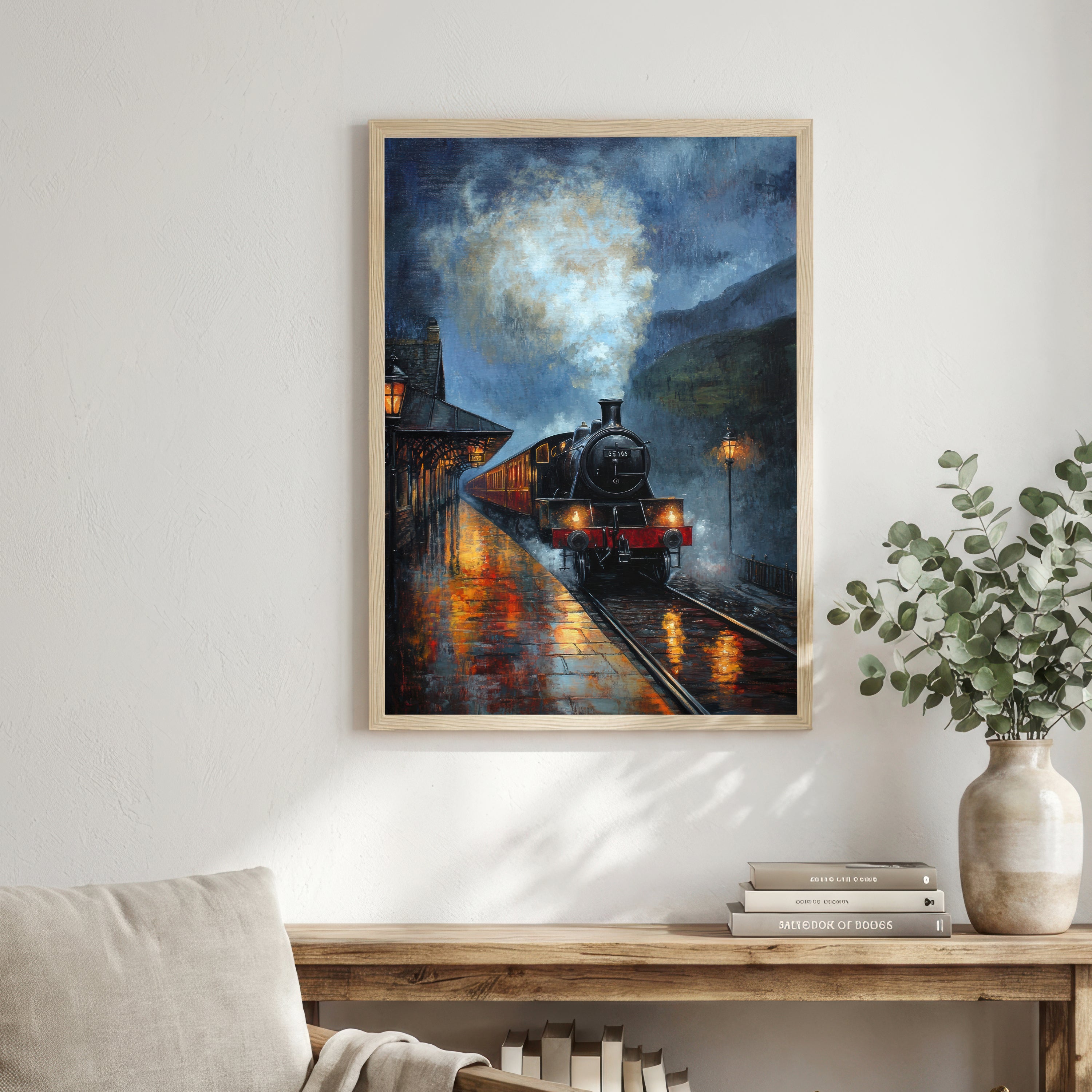 Rainy Steam Train Station Art Print