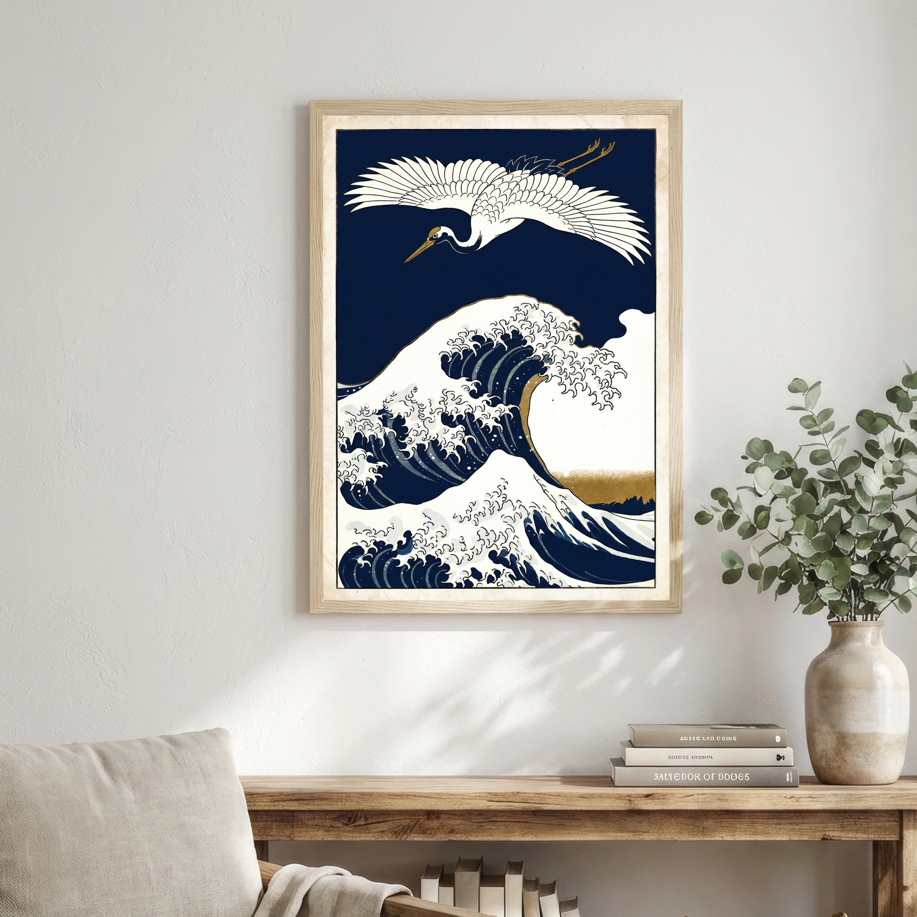 Japanese Heron and Wave Art Print