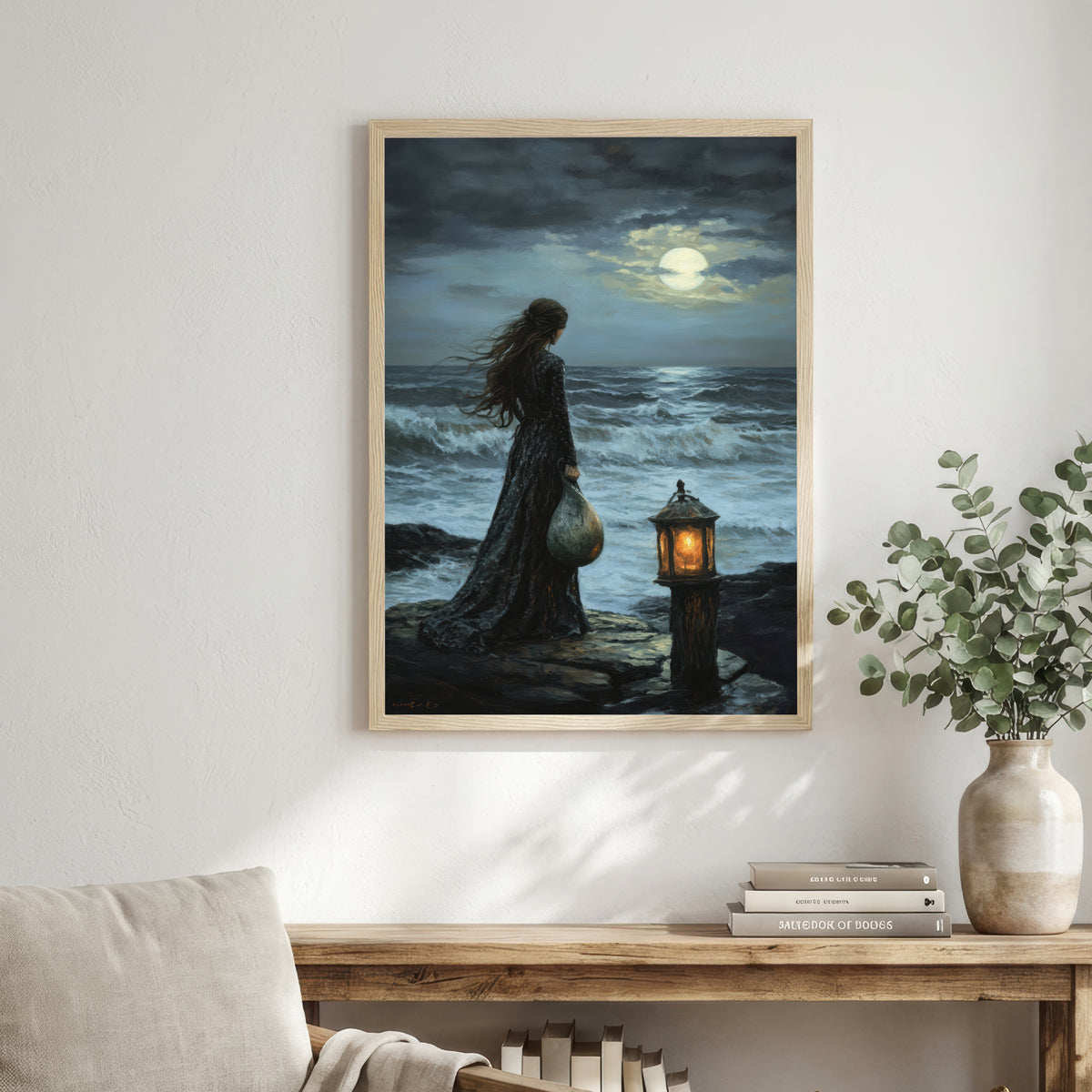 Moonlit Seaside Woman Art Print