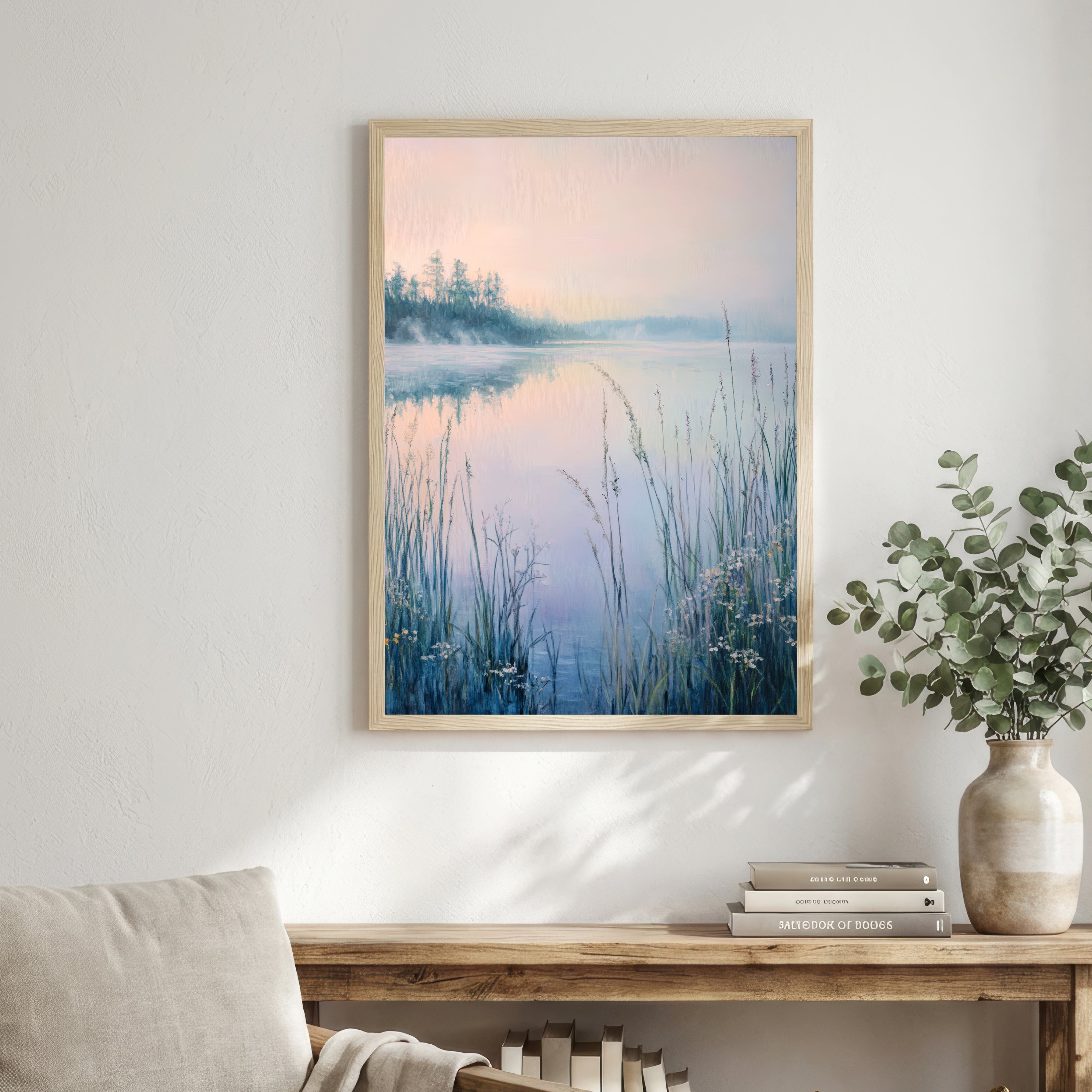 Misty Lake Reeds Landscape Art Print