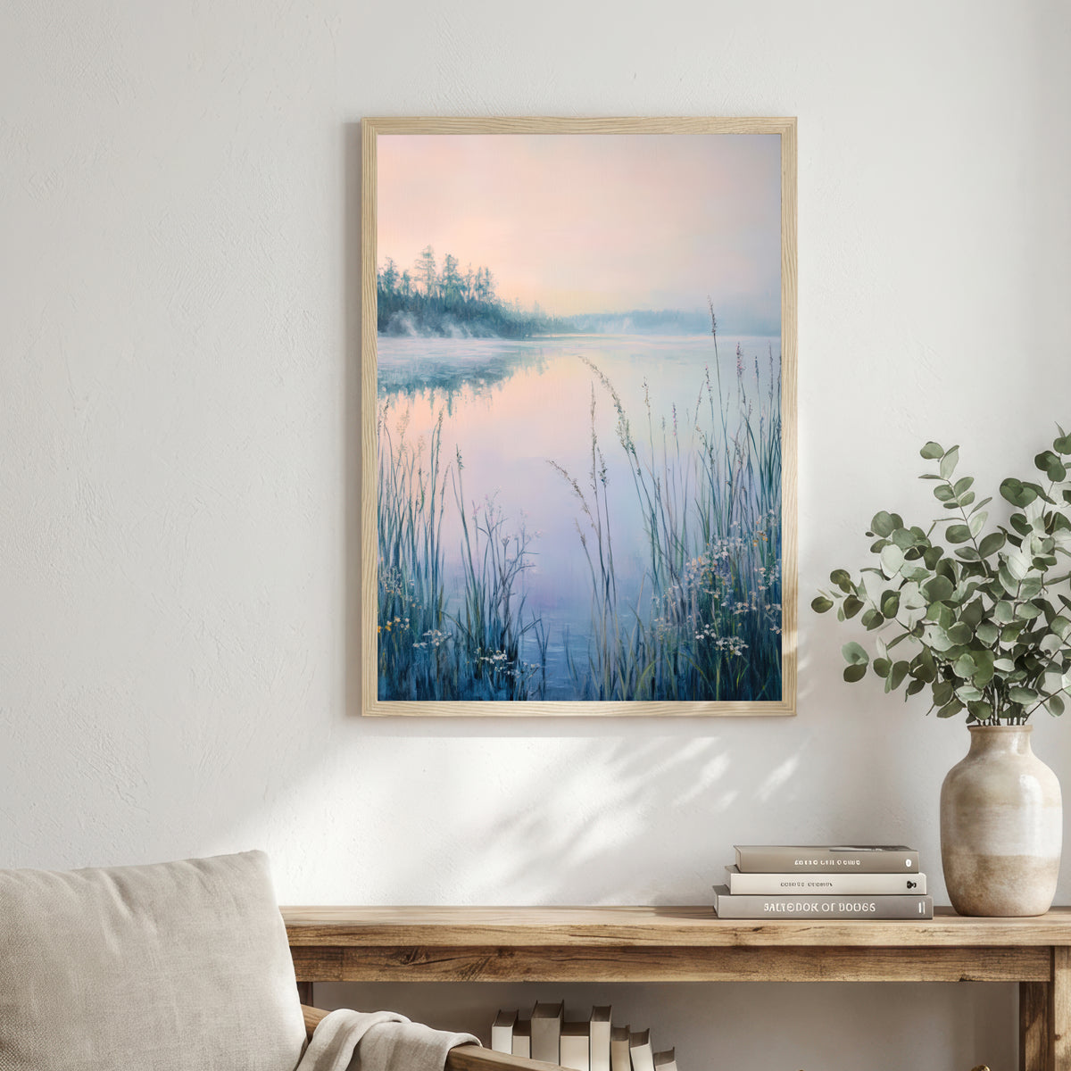 Misty Lake Reeds Landscape Art Print