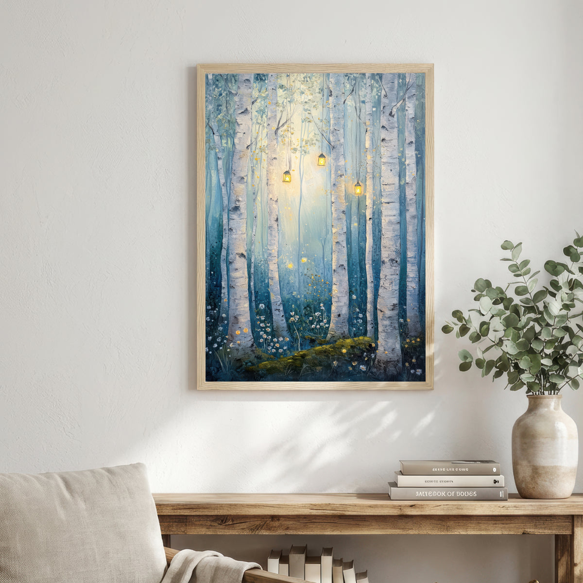 Enchanted Birch Forest Lantern Art Print