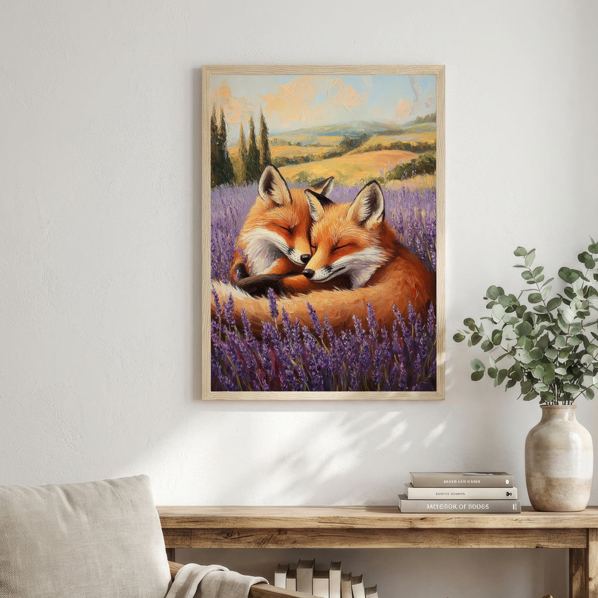 Cuddling Foxes Lavender Field Art Print