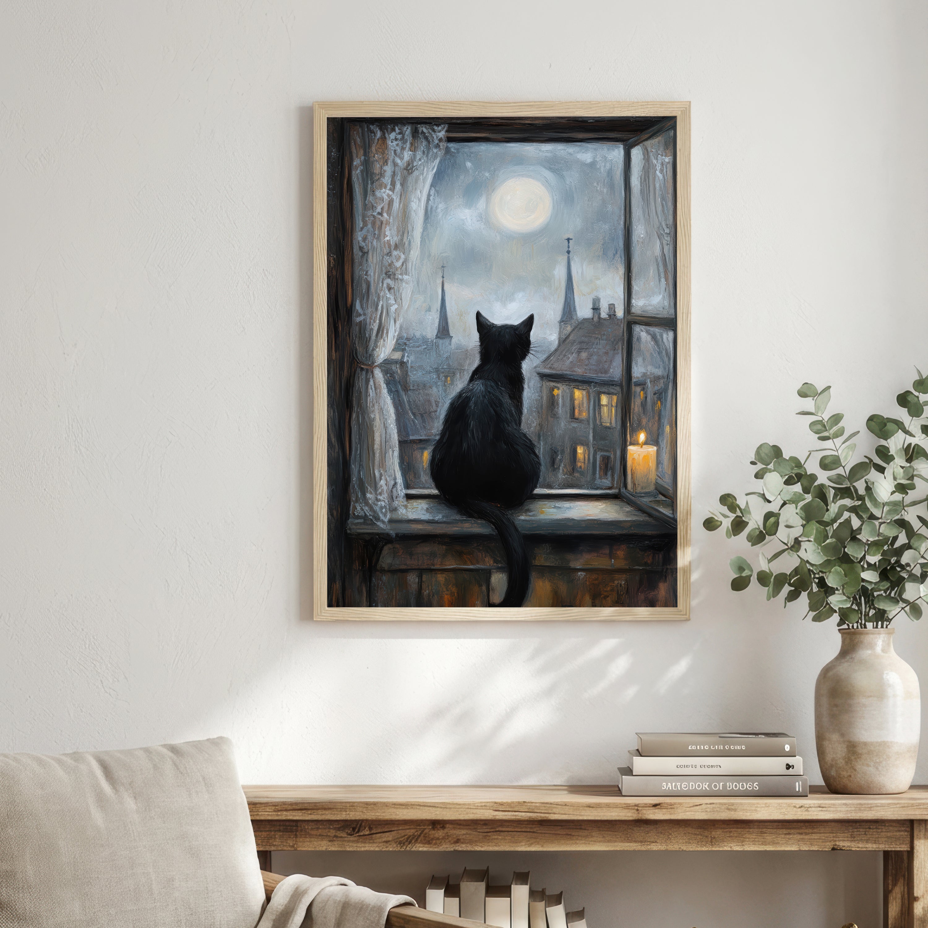 Black Cat Moonlit Window Art Print