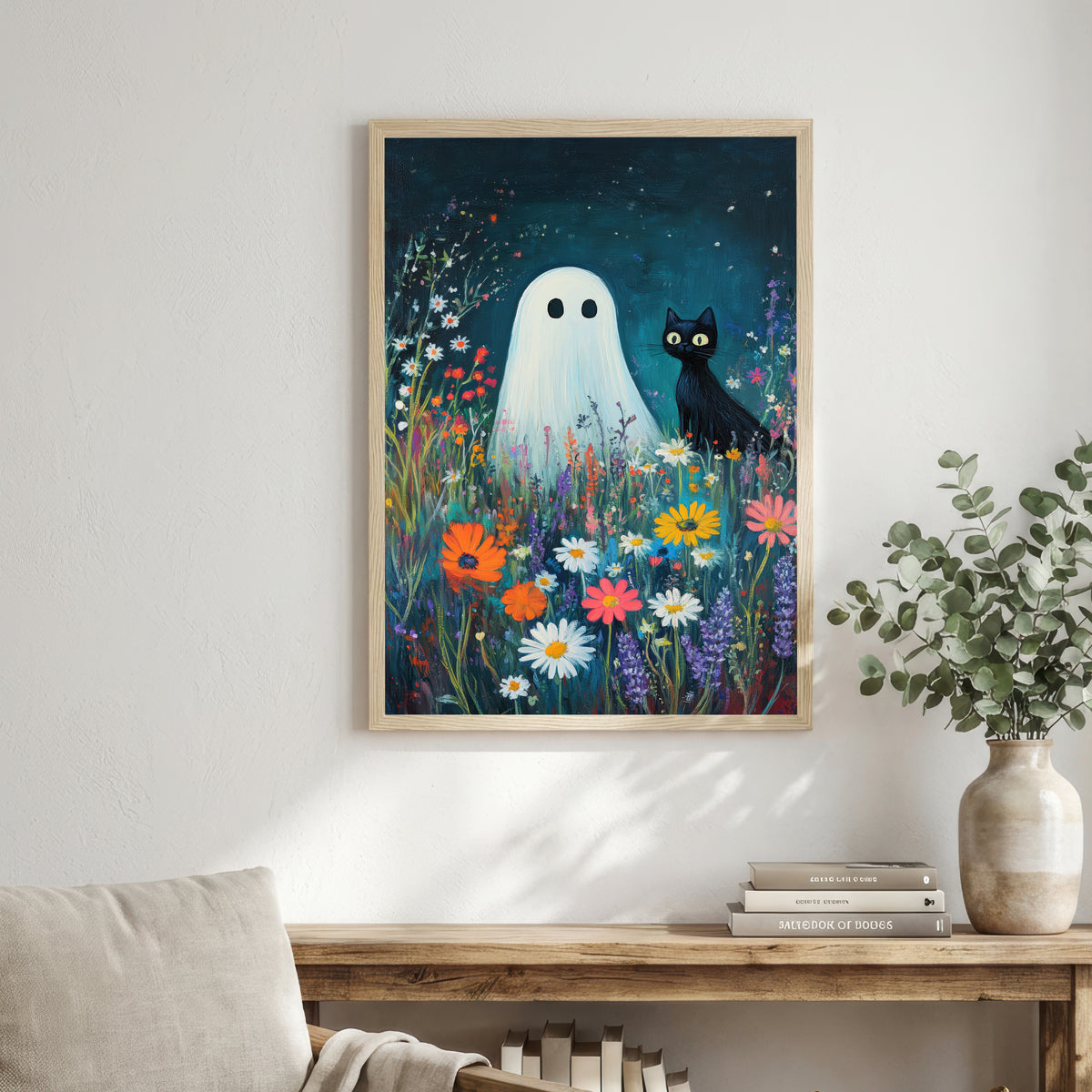 Ghost and Black Cat Meadow Art Print
