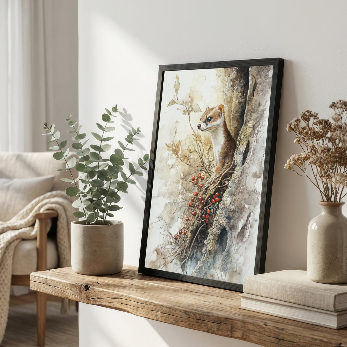 Stoat Woodland Watercolour Art Print