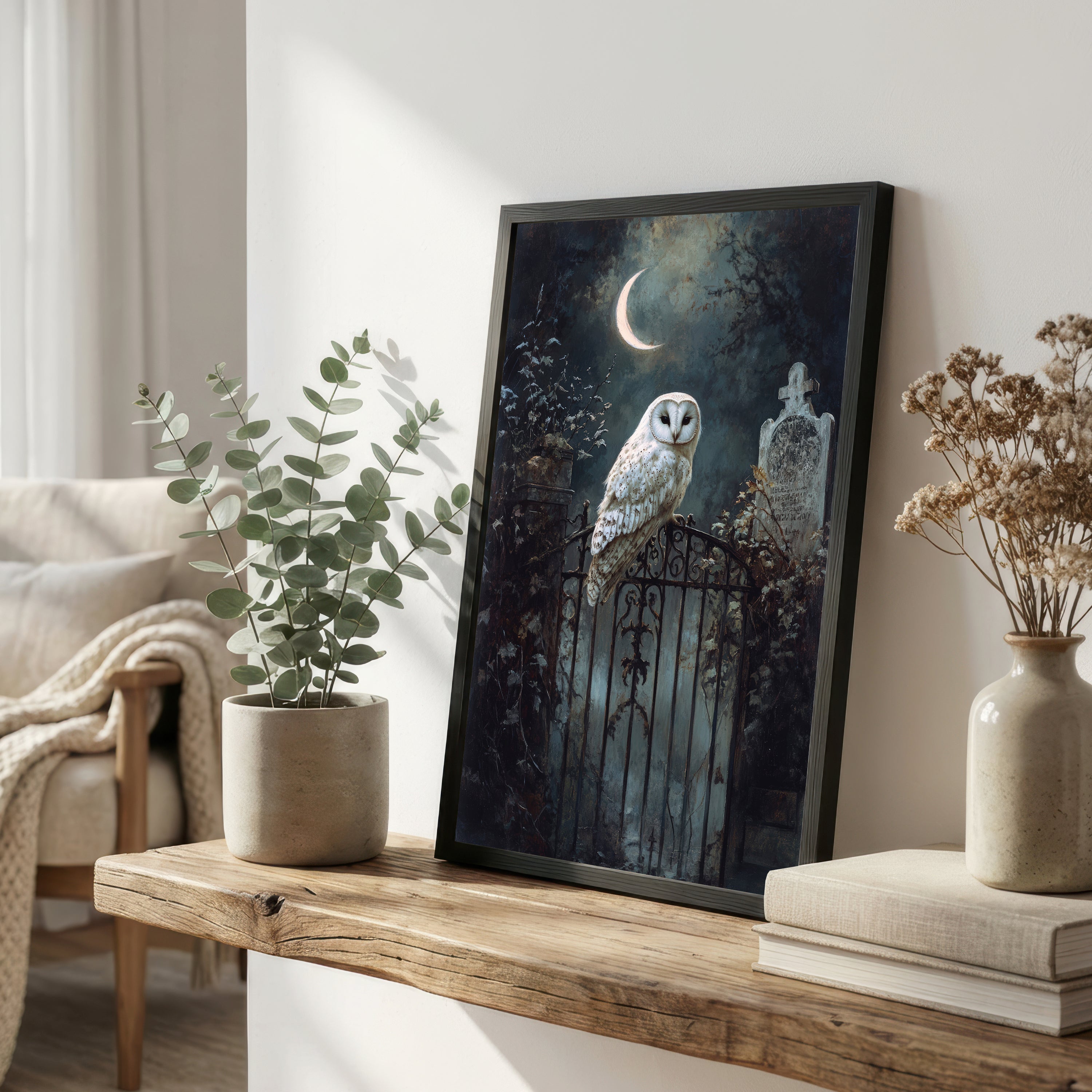 White Owl Gothic Night Art Print