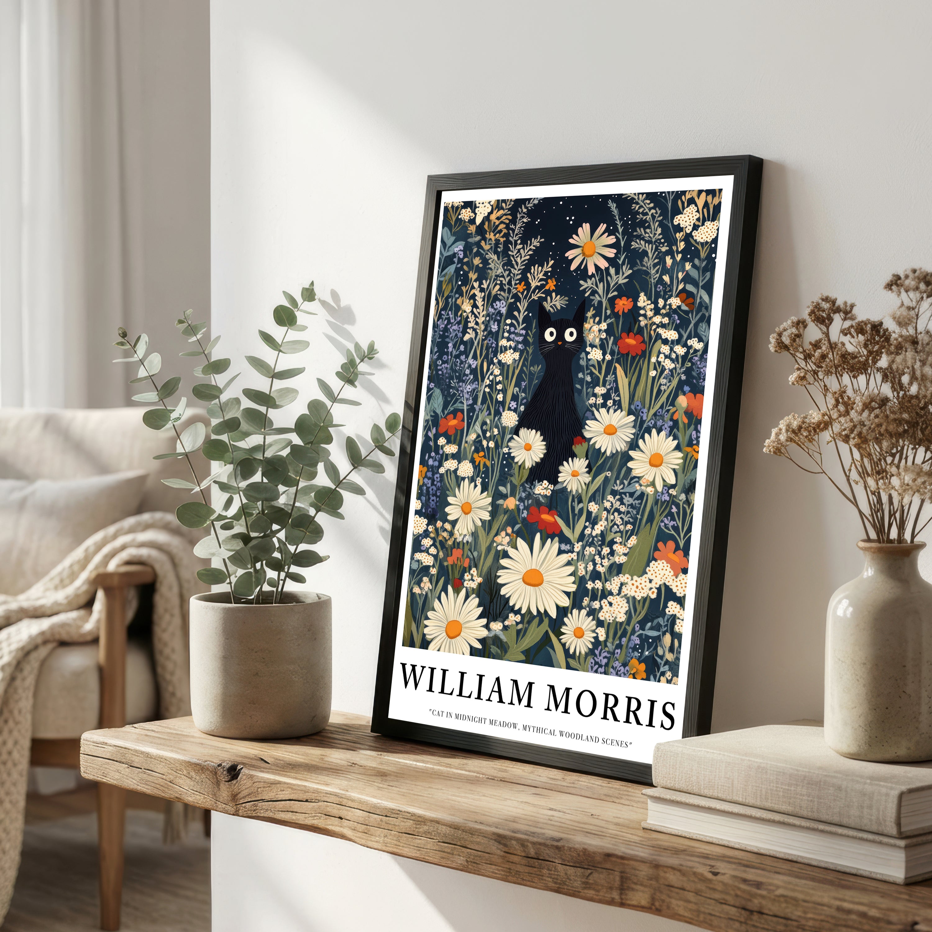 William Morris Inspired Black Cat Art Print