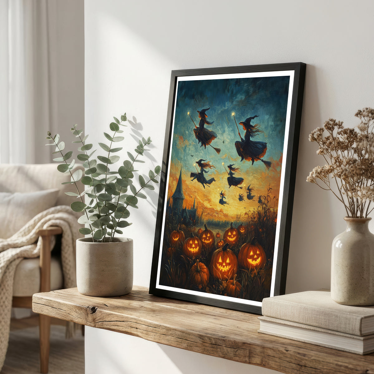 Halloween Witches and Pumpkins Art Print
