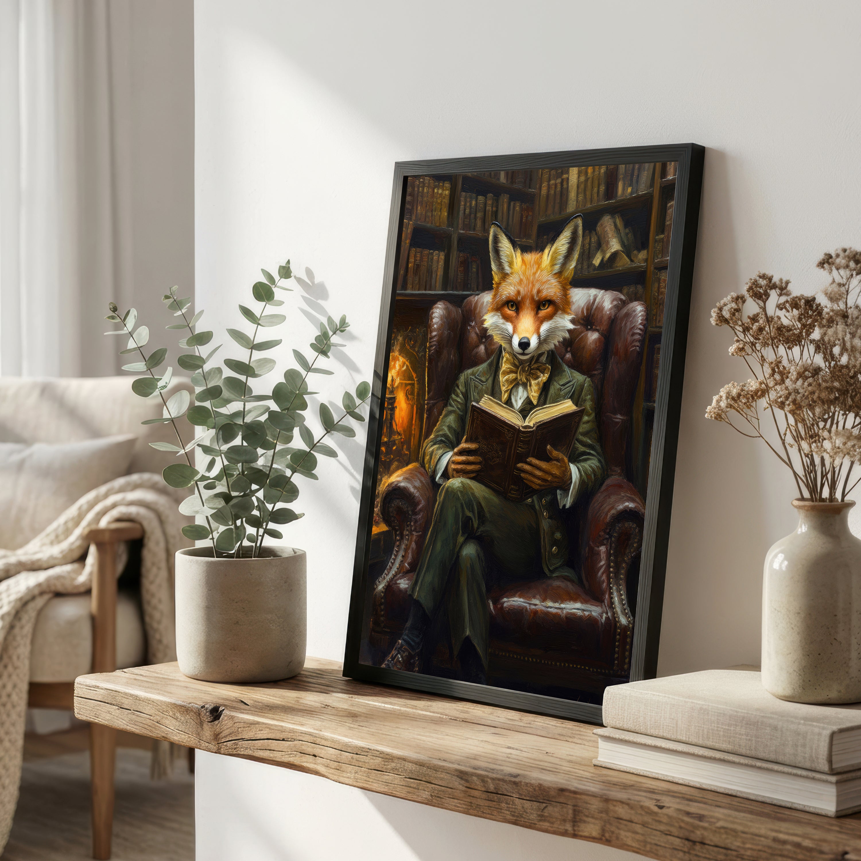 Fox Reading in Library Art Print