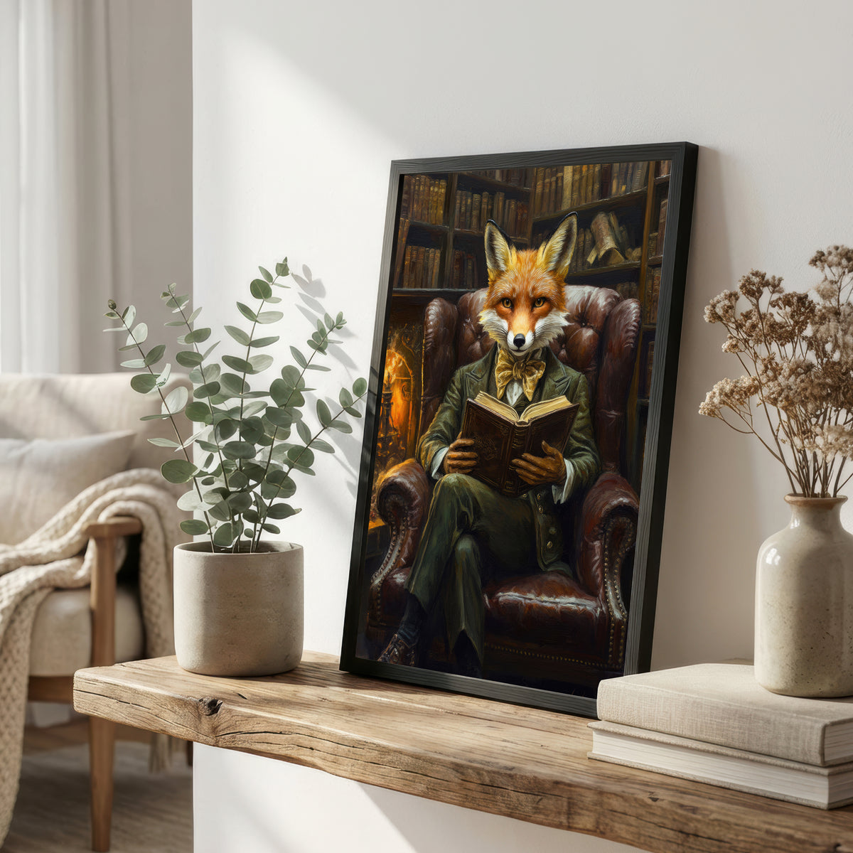 Fox Reading in Library Art Print