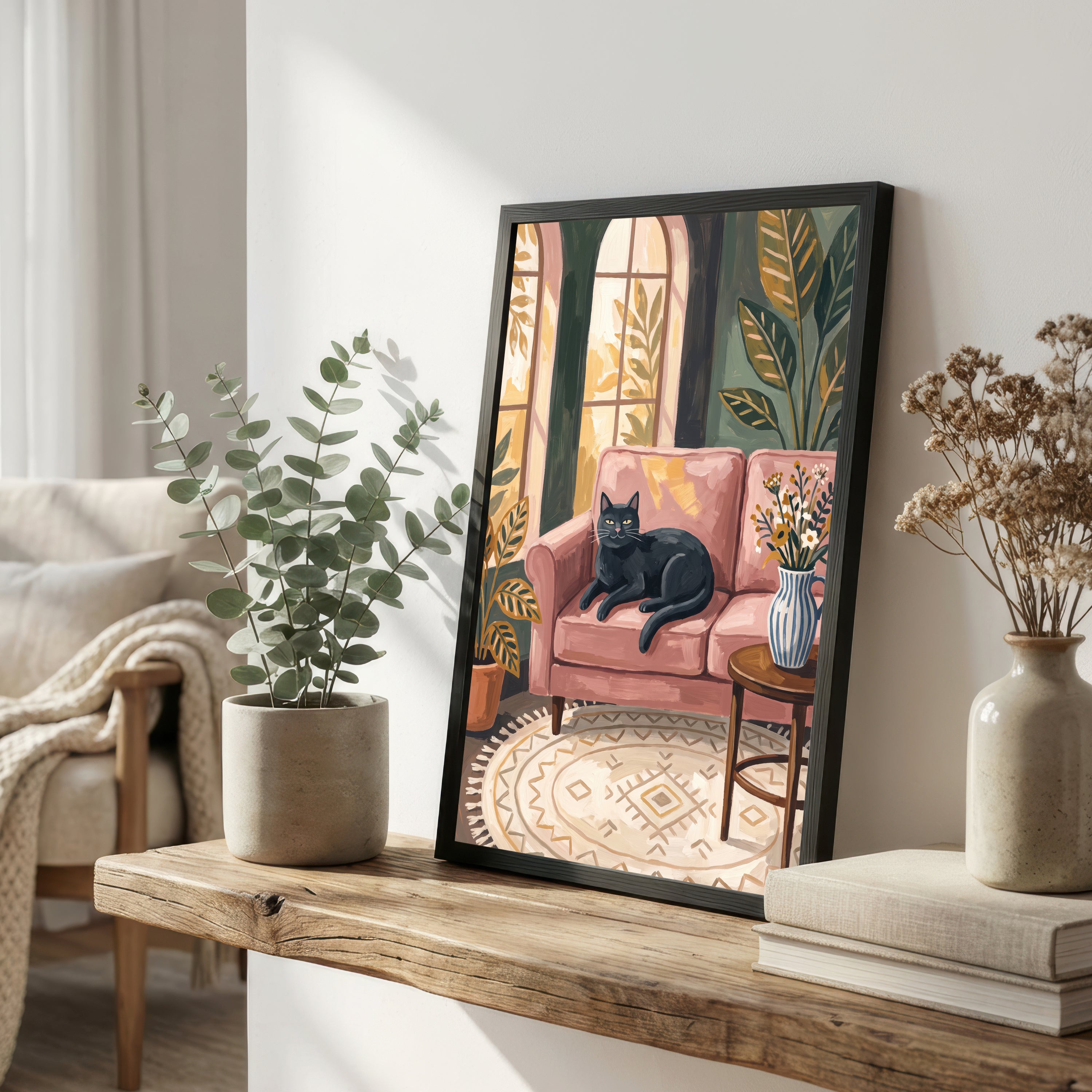 Black Cat Cozy Interior Art Print