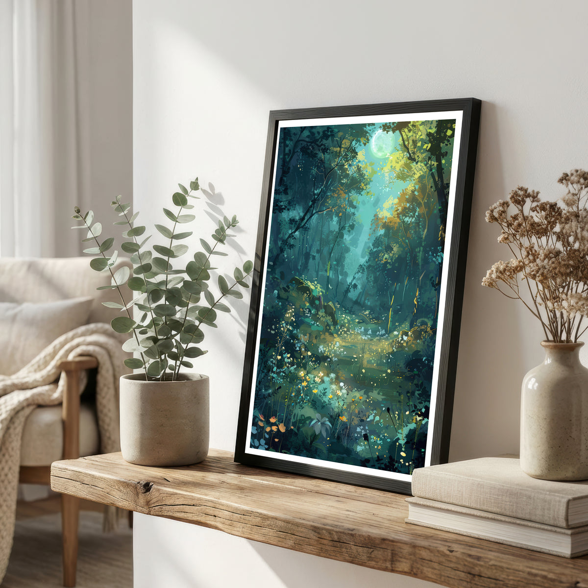 Moonlit Woodland Pond Art Print