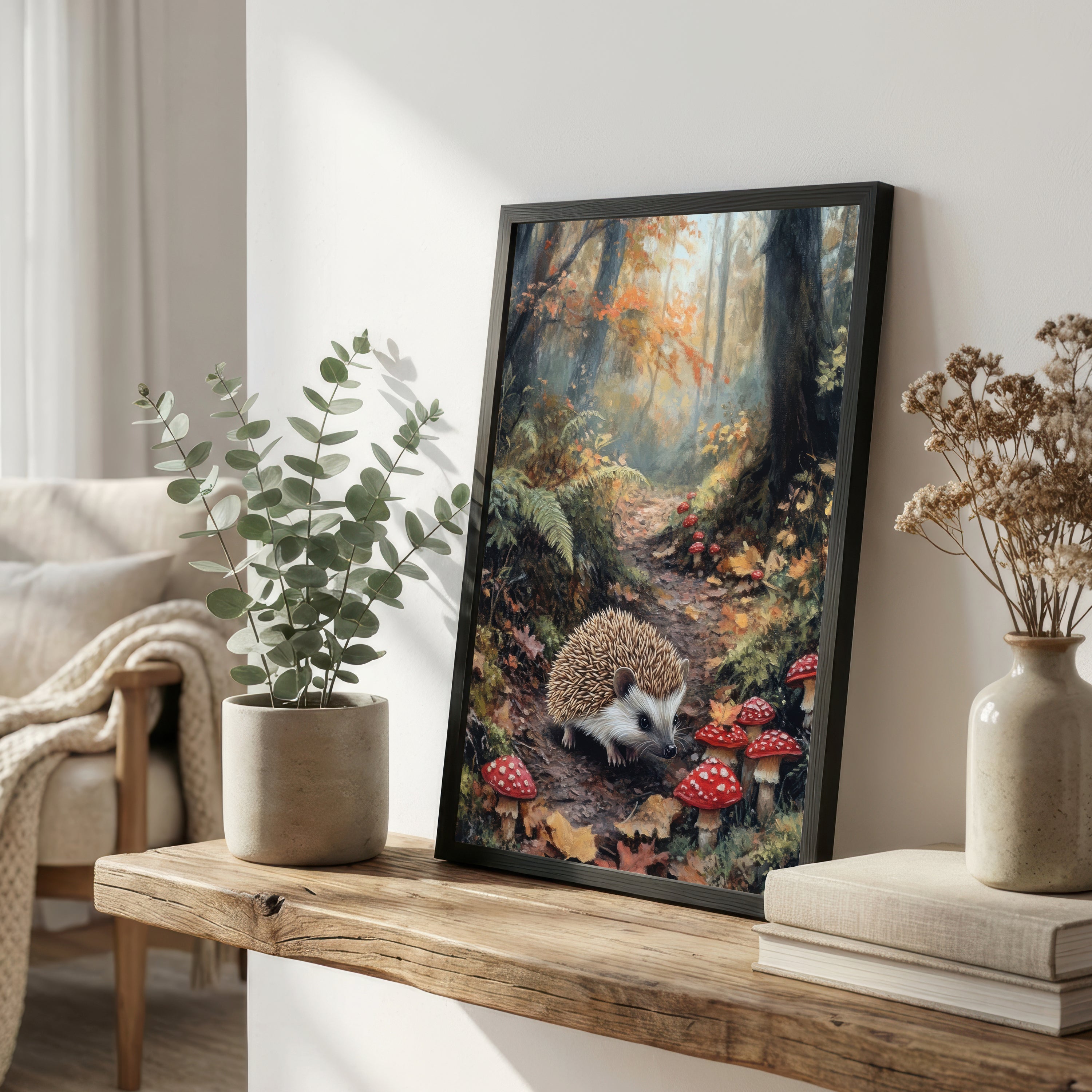 Hedgehog Woodland Mushroom Art Print