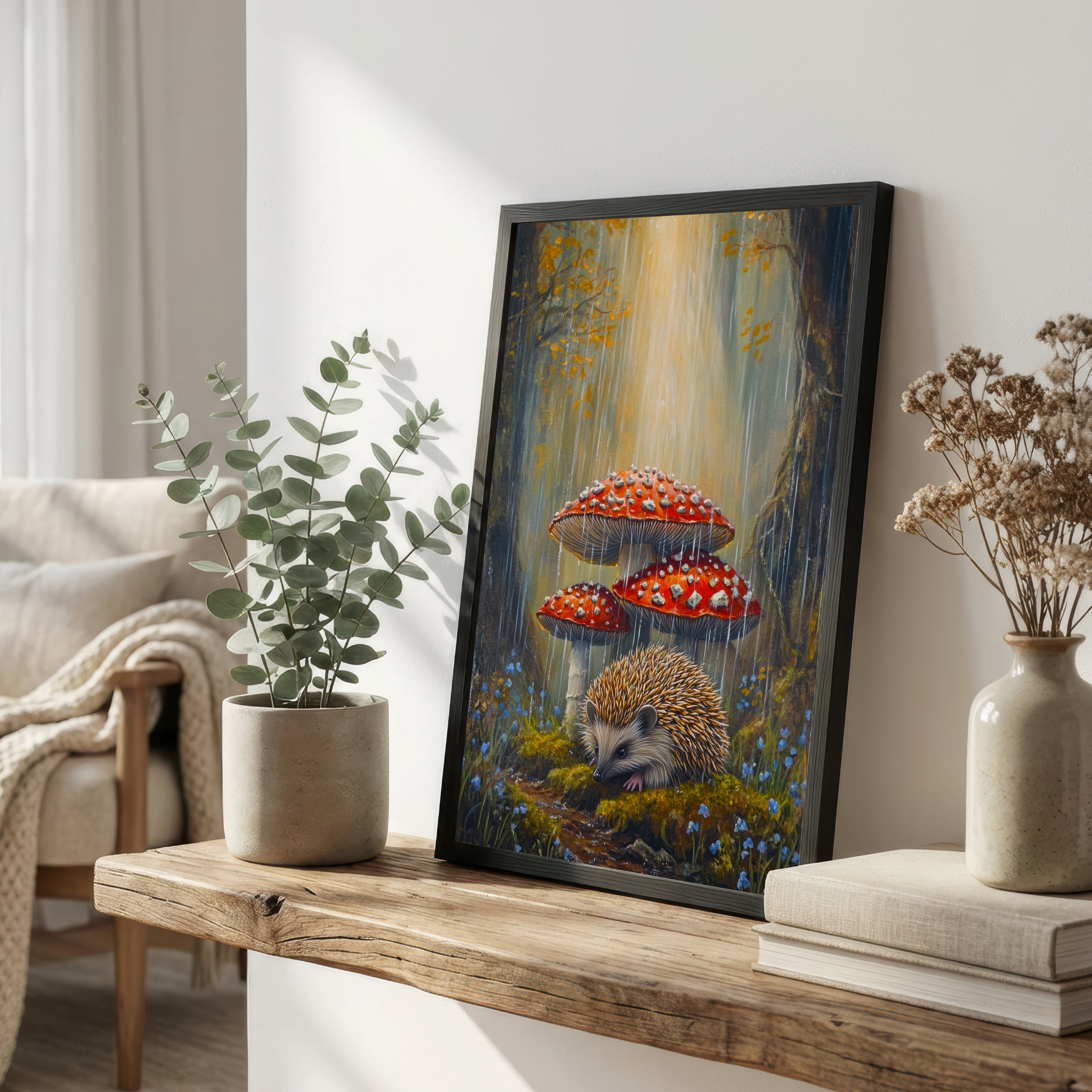 Hedgehog and Toadstools Woodland Art Print
