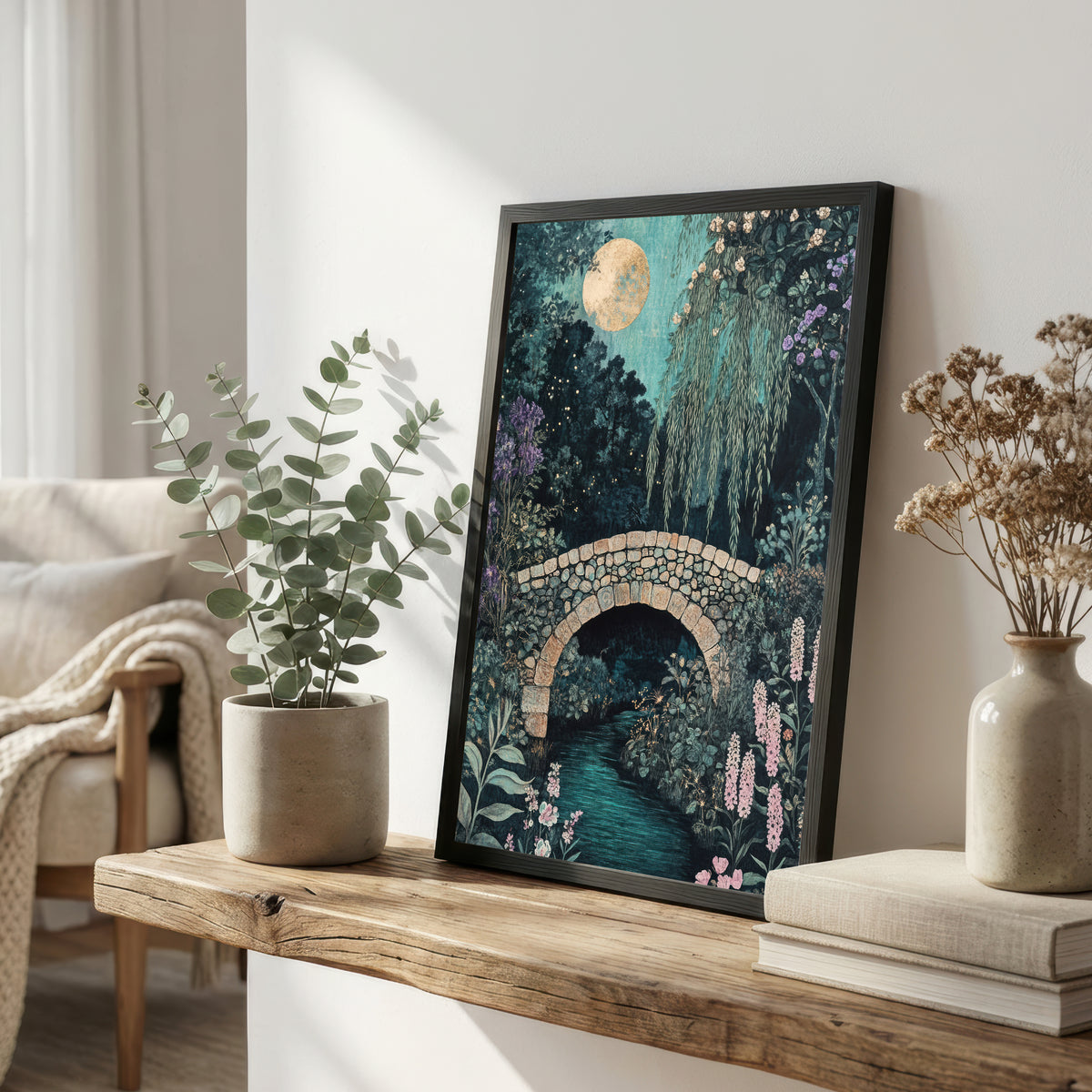 Moonlit Garden Bridge Art Print
