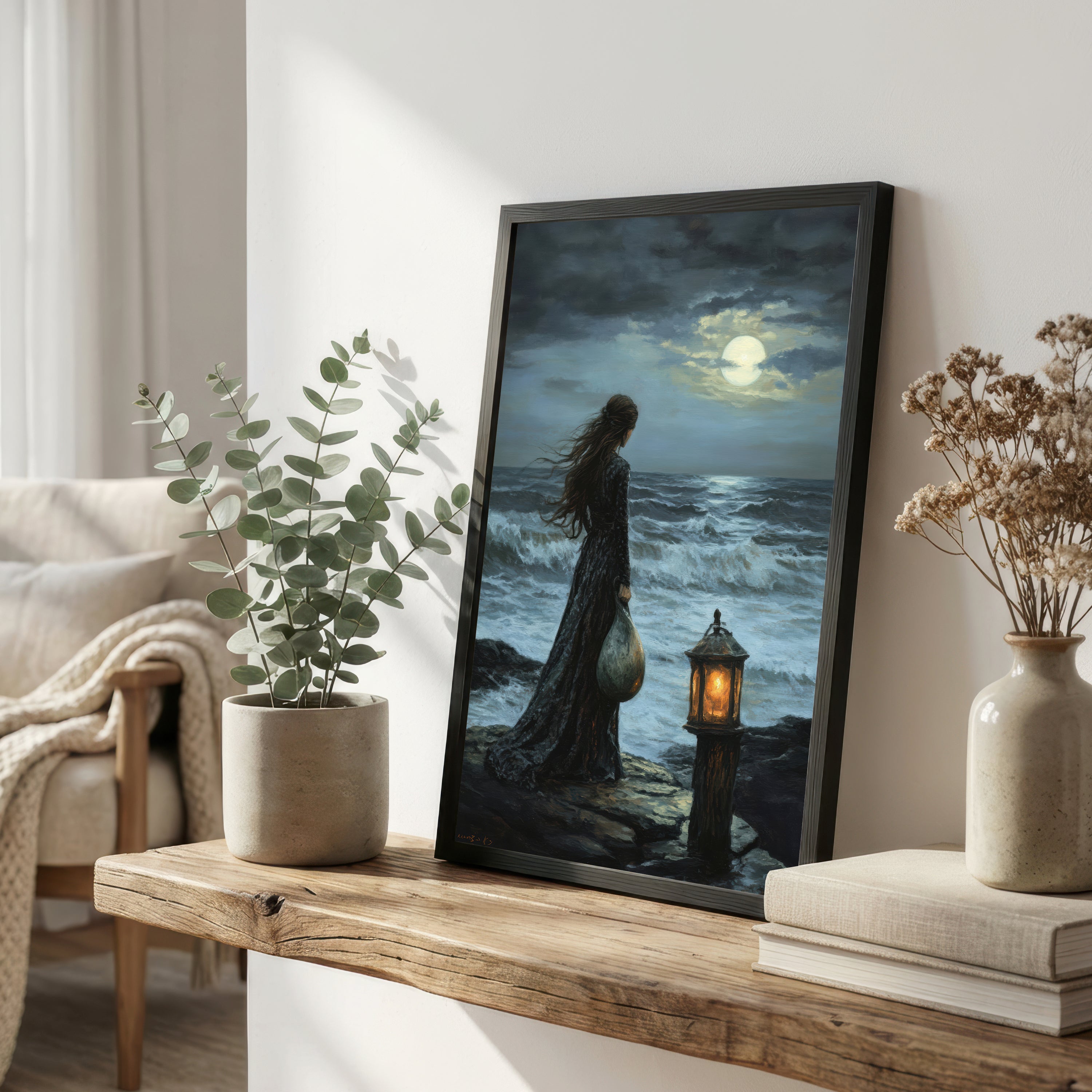 Moonlit Seaside Woman Art Print