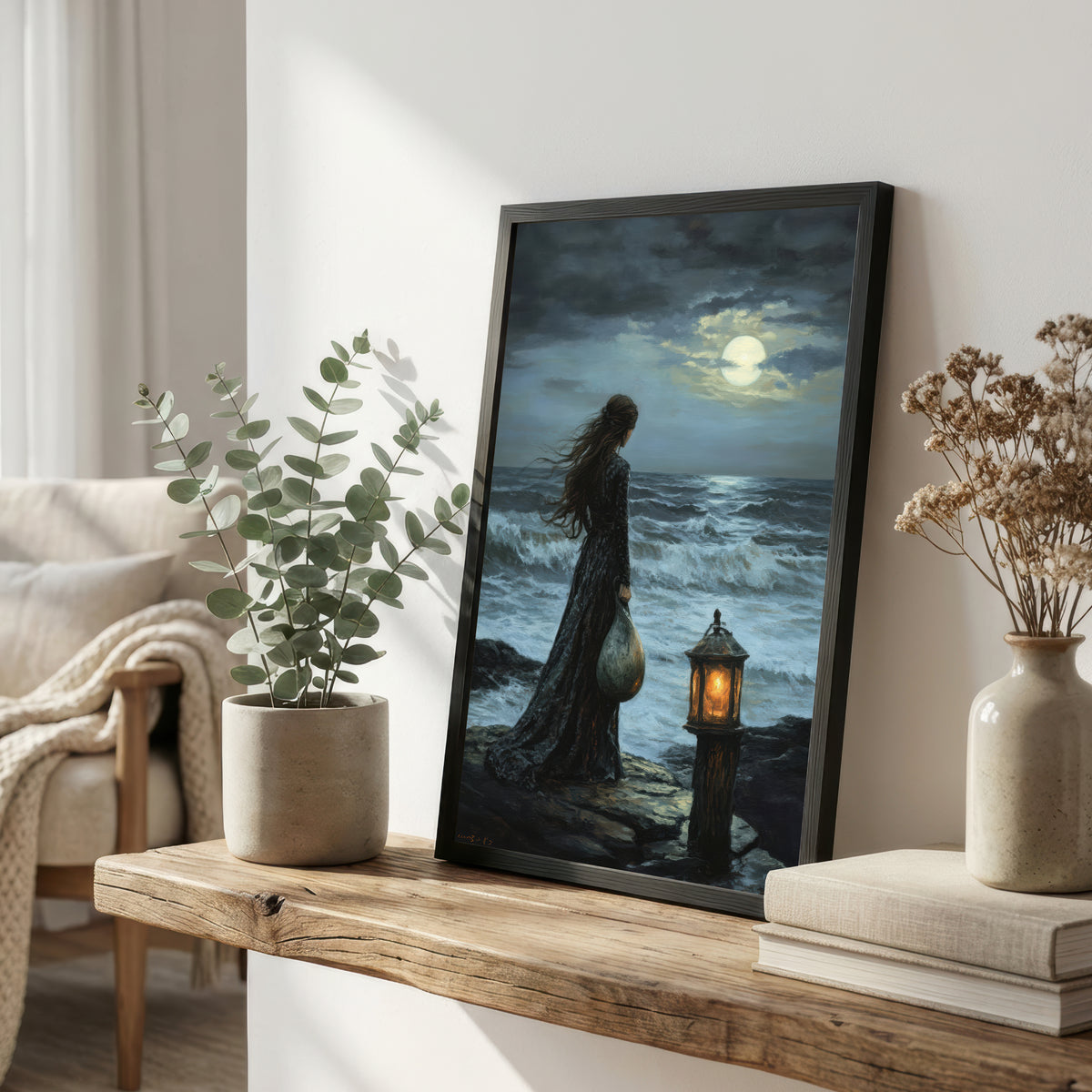Moonlit Seaside Woman Art Print