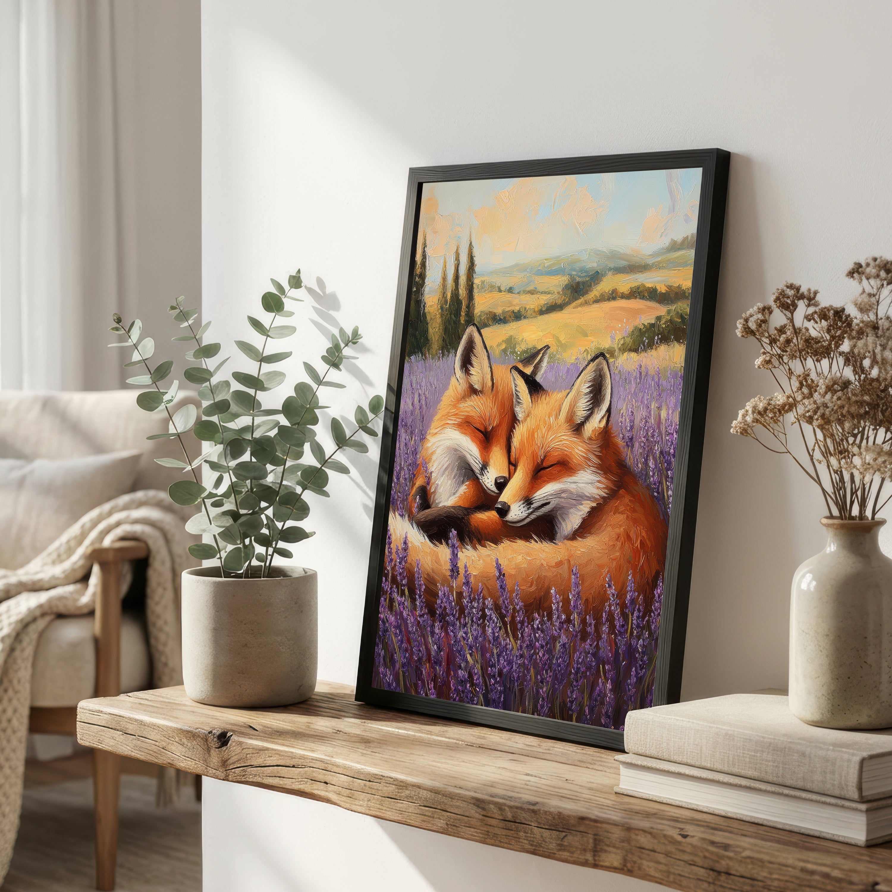 Cuddling Foxes Lavender Field Art Print