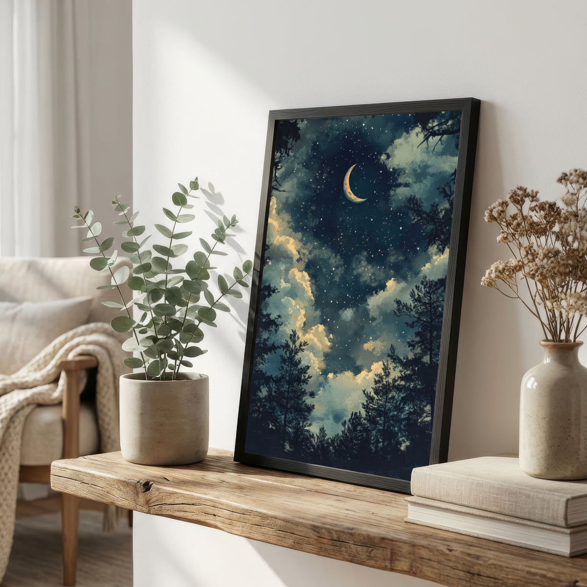 Moonlit Forest Crescent Moon Art Print