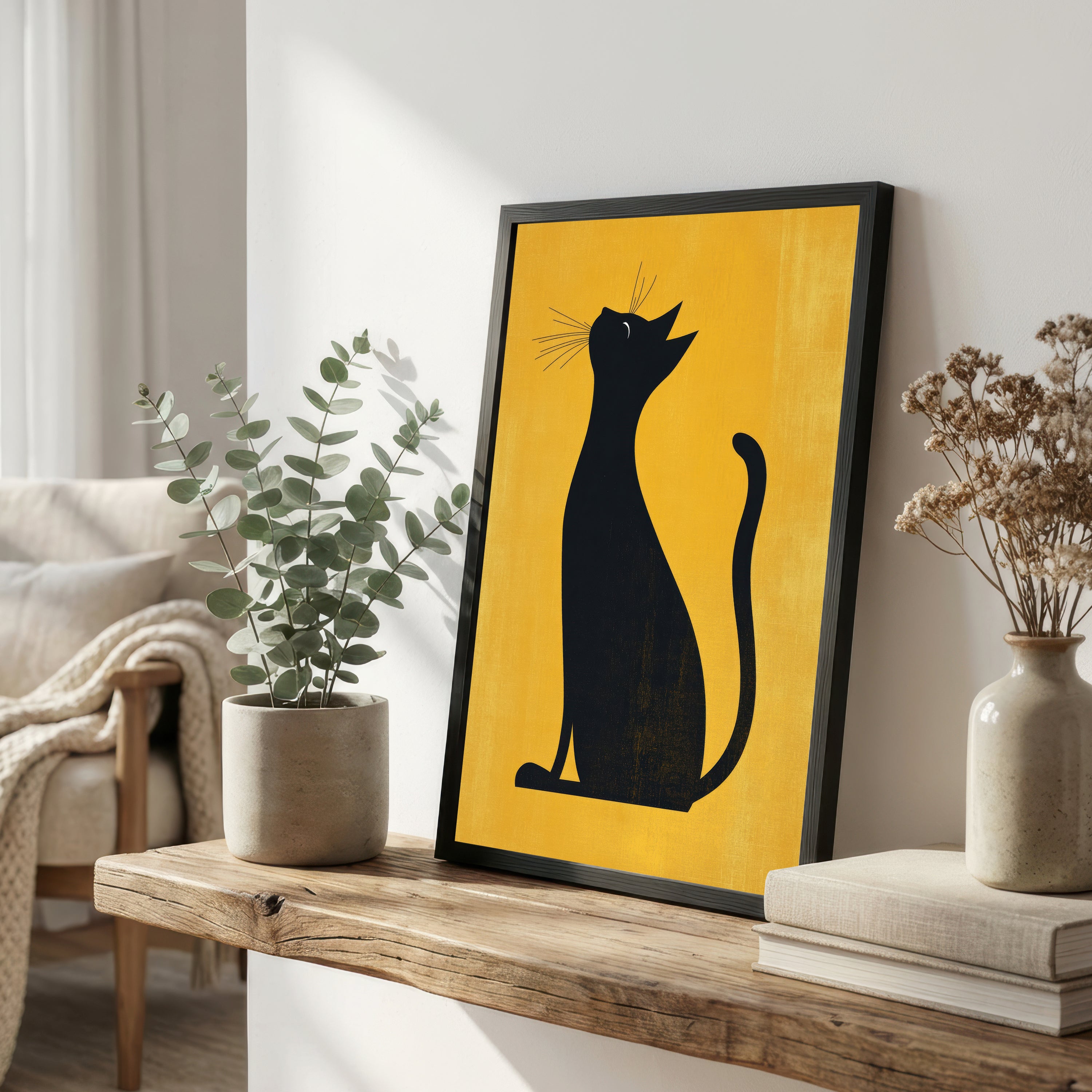 Black Cat Golden Silhouette Art Print