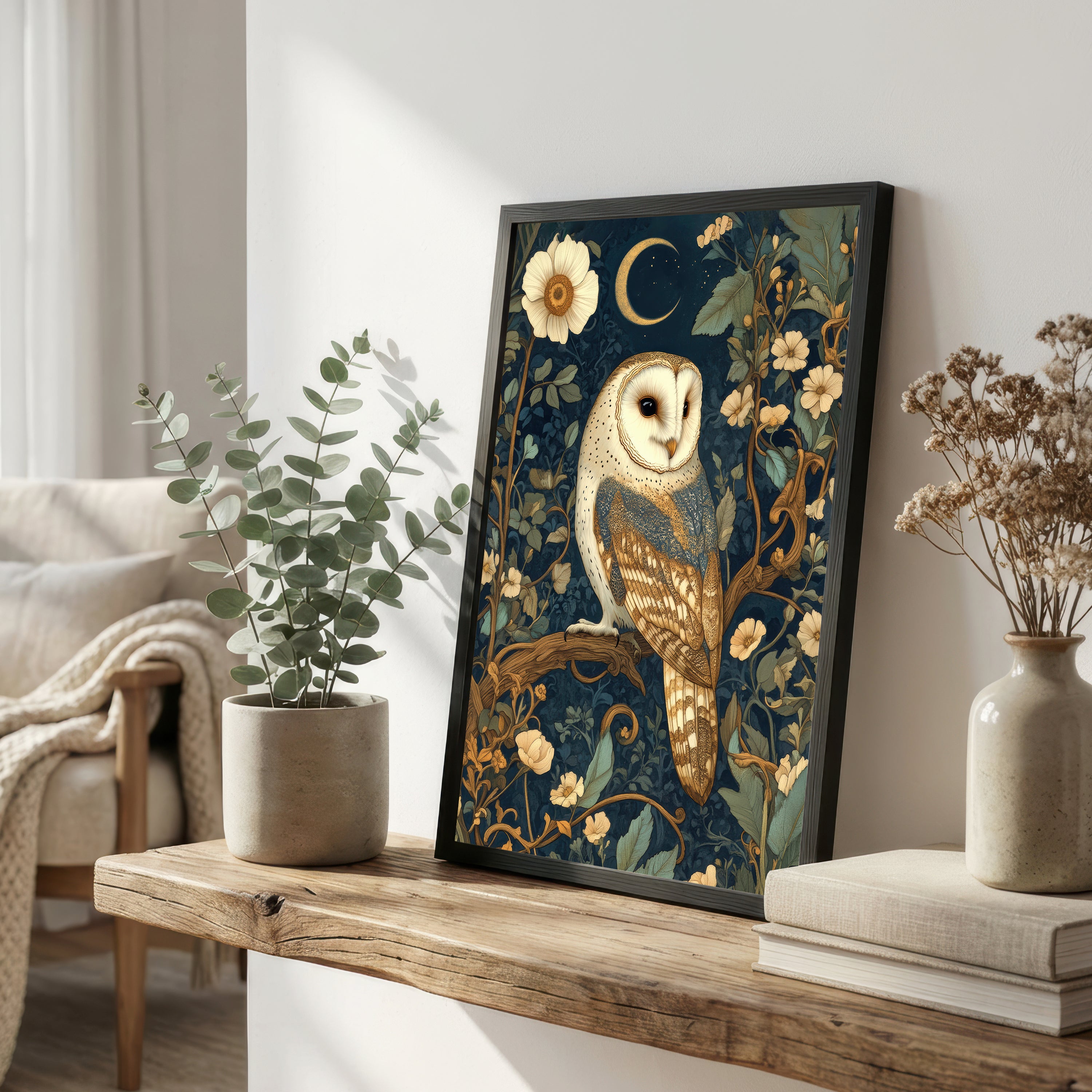 Barn Owl Moonlit Botanical Art Print